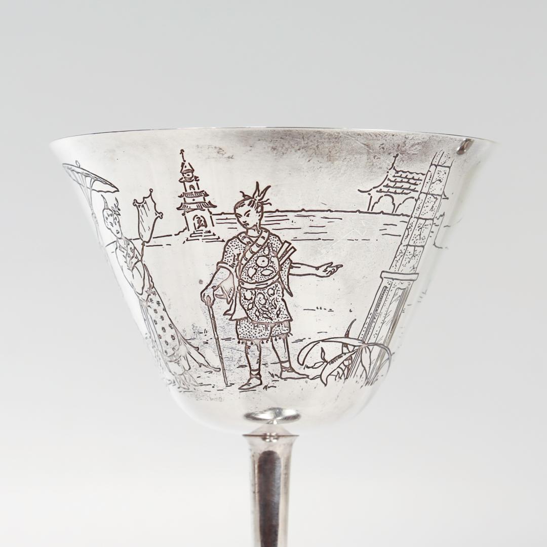 Pair Antique Art Deco Gorham Sterling Silver Japonisme Martini-Cocktail Glasses For Sale 9