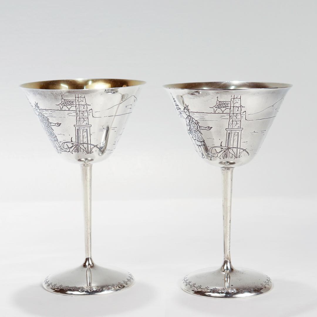 Pair Antique Art Deco Gorham Sterling Silver Japonisme Martini-Cocktail Glasses In Good Condition For Sale In Philadelphia, PA