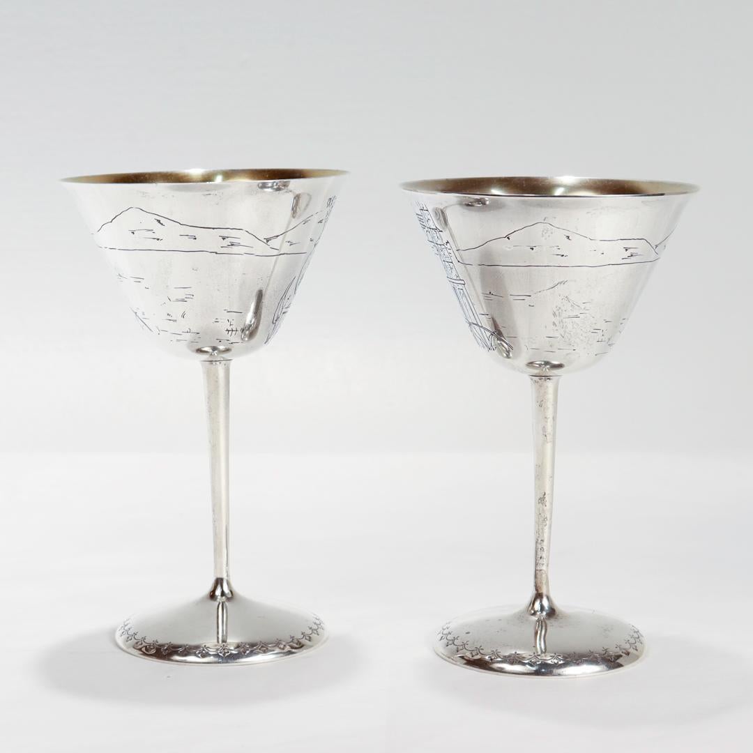 Women's or Men's Pair Antique Art Deco Gorham Sterling Silver Japonisme Martini-Cocktail Glasses For Sale