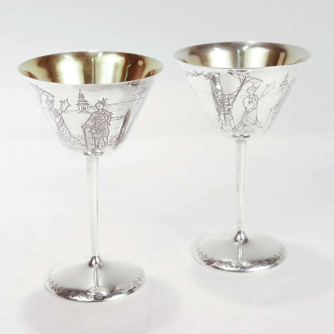 Pair Antique Art Deco Gorham Sterling Silver Japonisme Martini-Cocktail Glasses For Sale 1