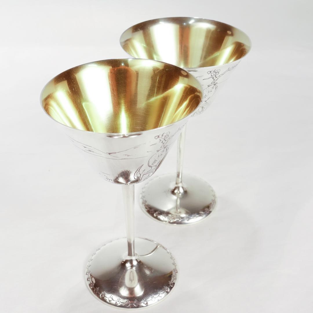 Pair Antique Art Deco Gorham Sterling Silver Japonisme Martini-Cocktail Glasses For Sale 2