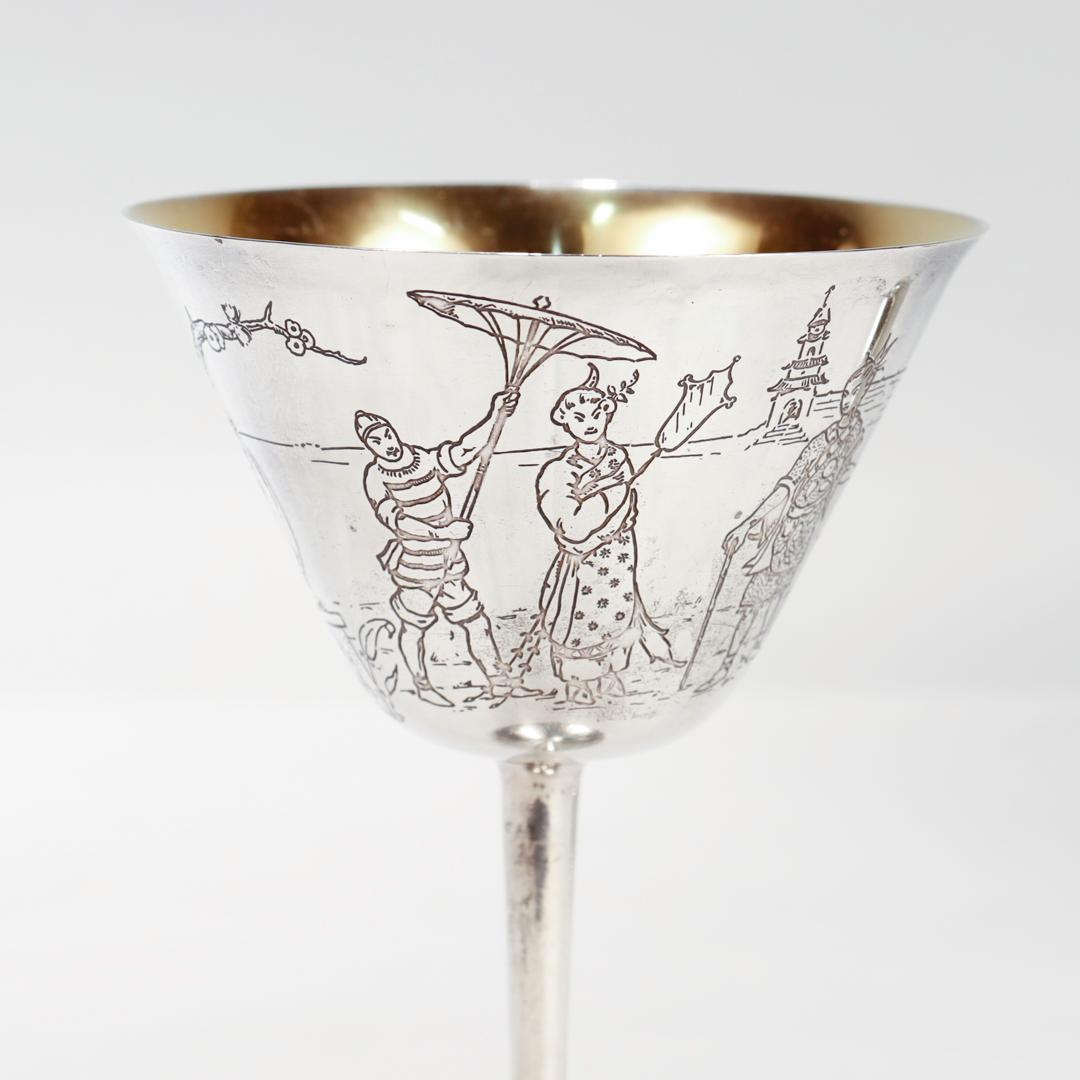 Paire de verres à queue de Martini Art Déco Gorham Sterling Silver Japonisme en vente 2