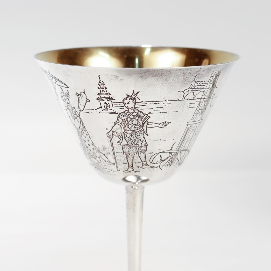 Pair Antique Art Deco Gorham Sterling Silver Japonisme Martini-Cocktail Glasses For Sale 4