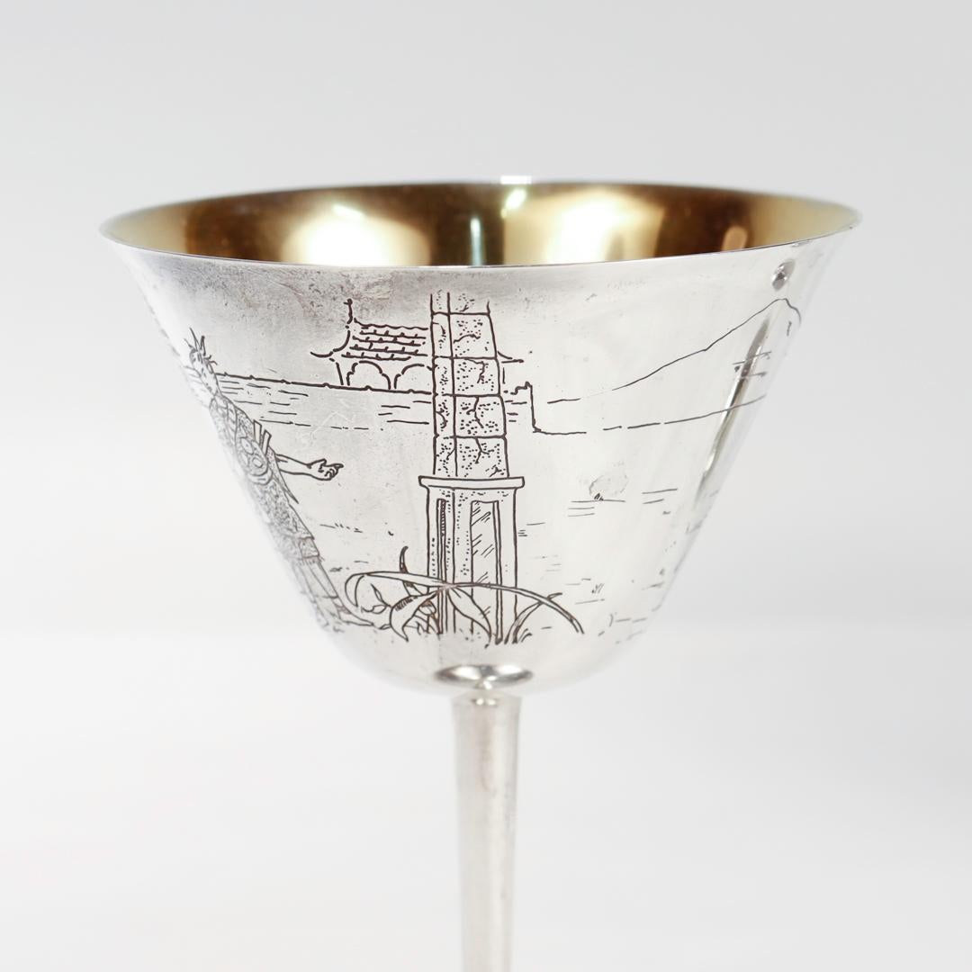 Paire de verres à queue de Martini Art Déco Gorham Sterling Silver Japonisme en vente 4
