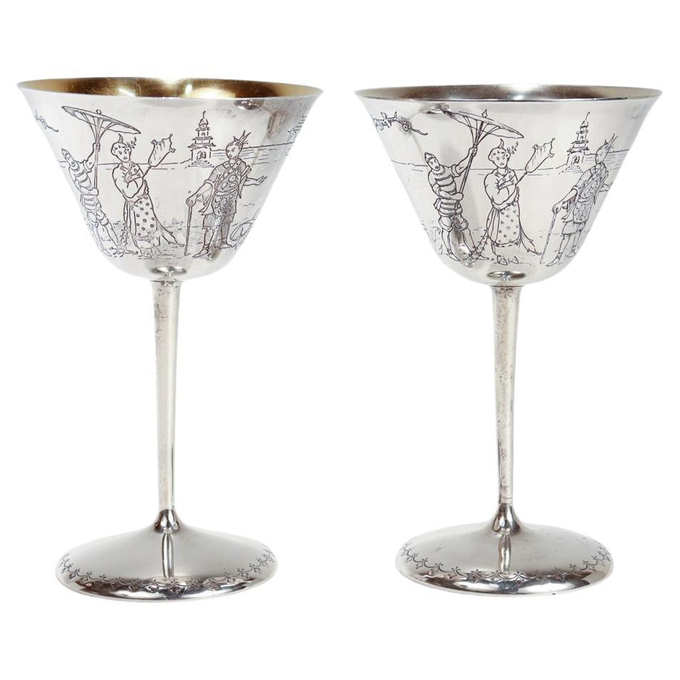 Pair Antique Art Deco Gorham Sterling Silver Japonisme Martini-Cocktail Glasses For Sale