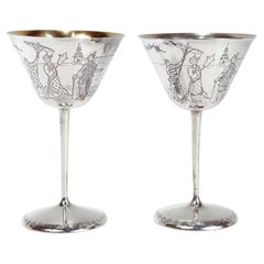 Paire de verres à queue de Martini Art Déco Gorham Sterling Silver Japonisme