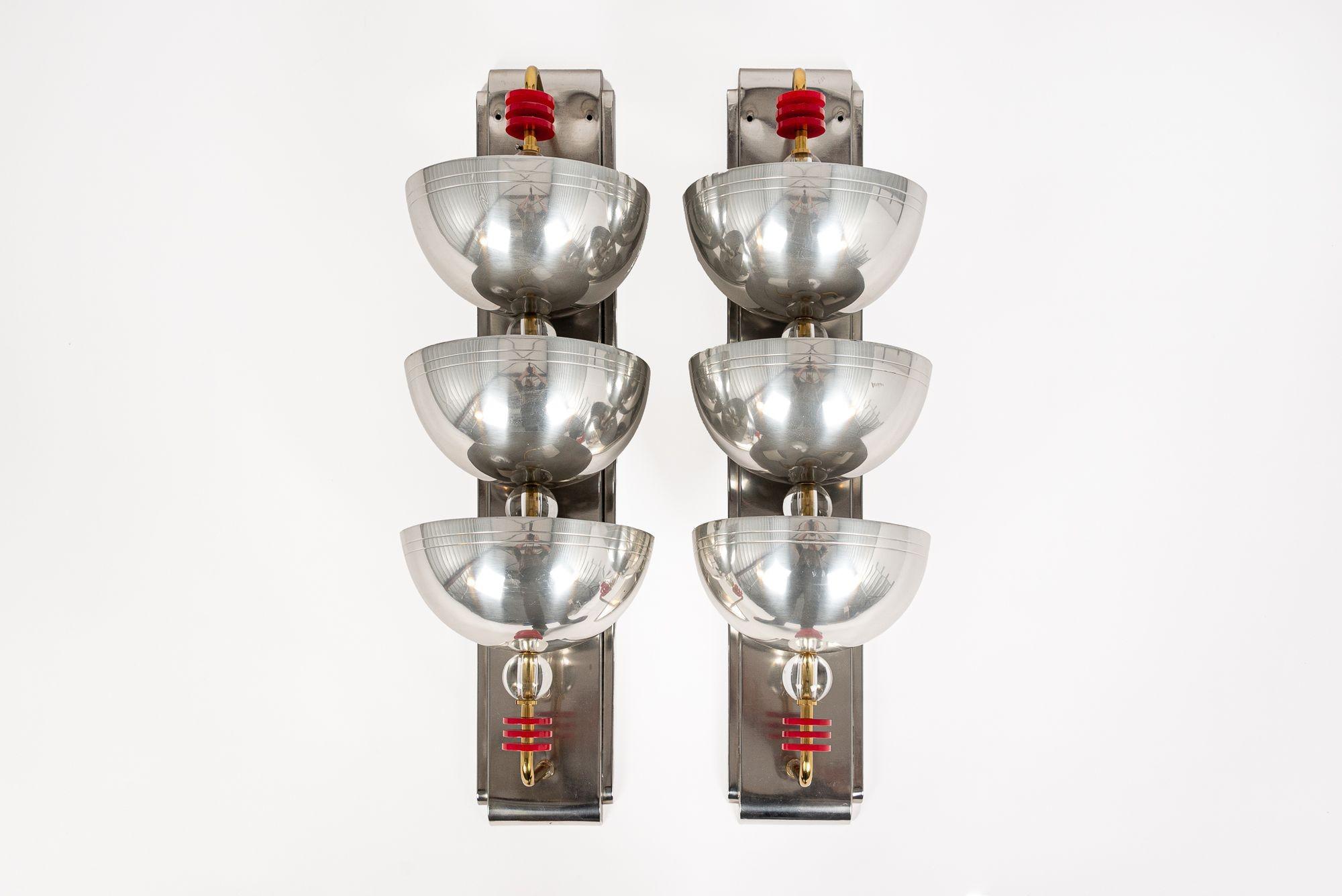 Pair Antique Art Deco Large Silver Metal Wall Sconce Lamps 34” In Good Condition For Sale In Detroit, MI