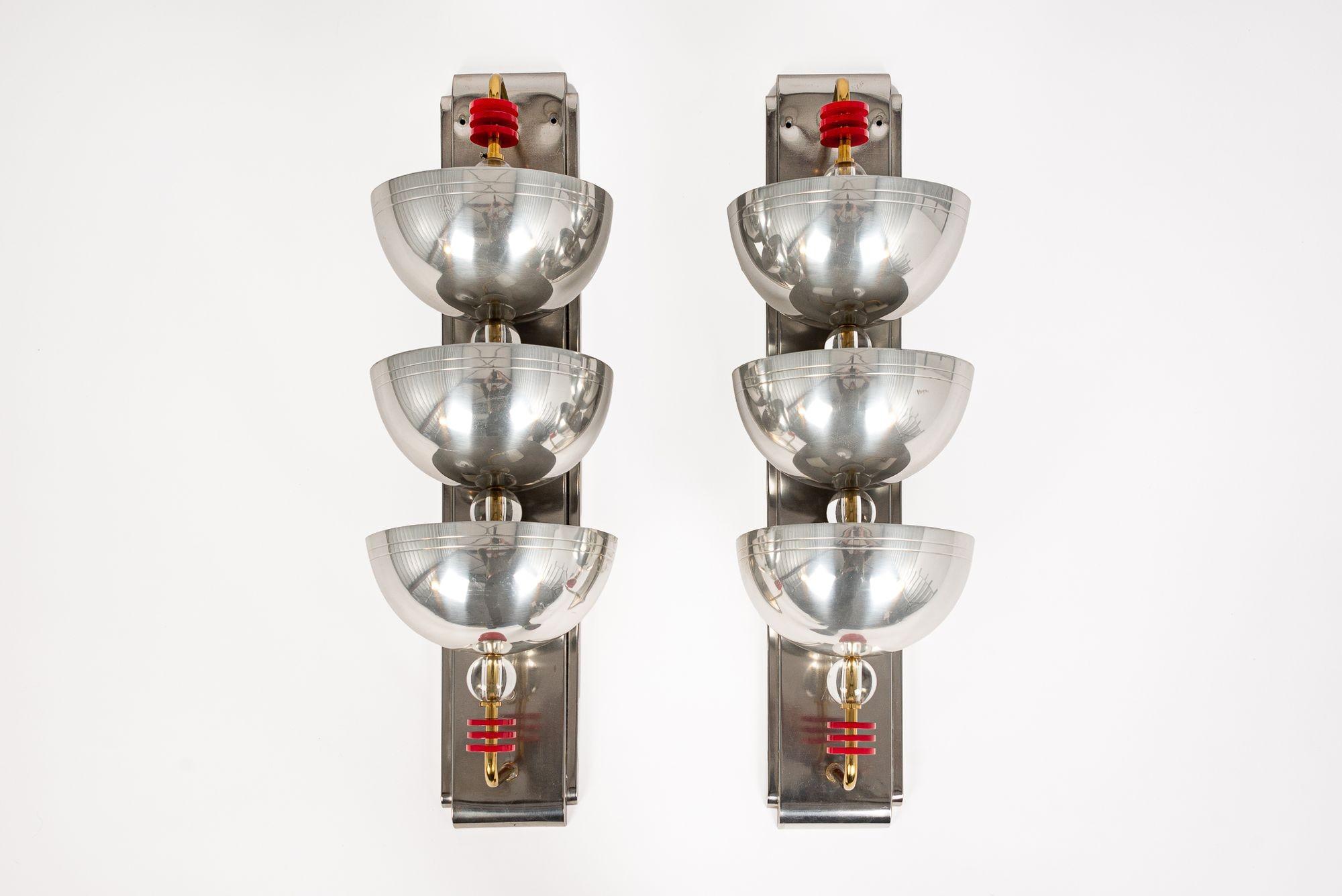 Mid-20th Century Pair Antique Art Deco Large Silver Metal Wall Sconce Lamps 34” For Sale