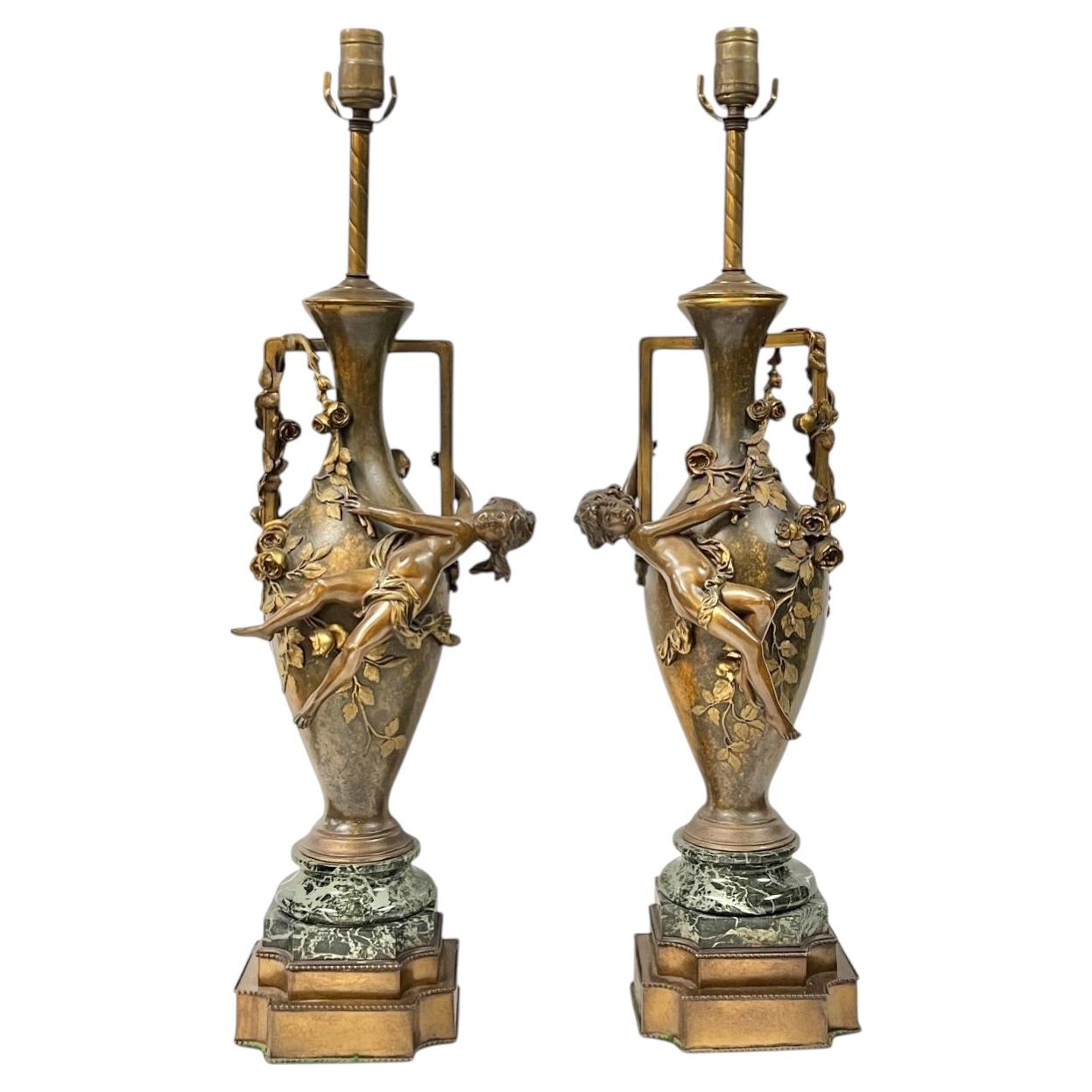 Pair Antique Art Nouveau Bronze Marble Table Lamps After Auguste Moreau