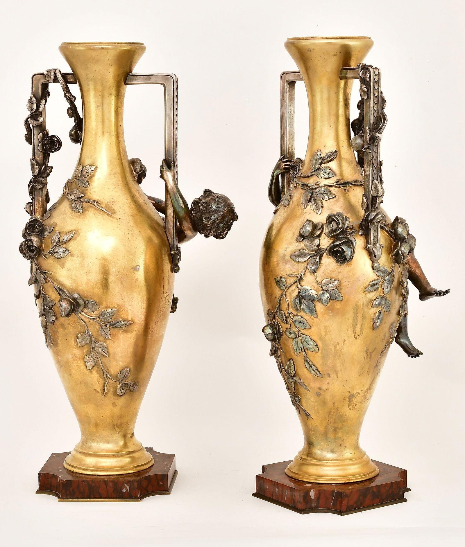 French Pair Antique Art Nouveau Figurative Gilt Silvered Bronze Vases by Auguste Moreau For Sale