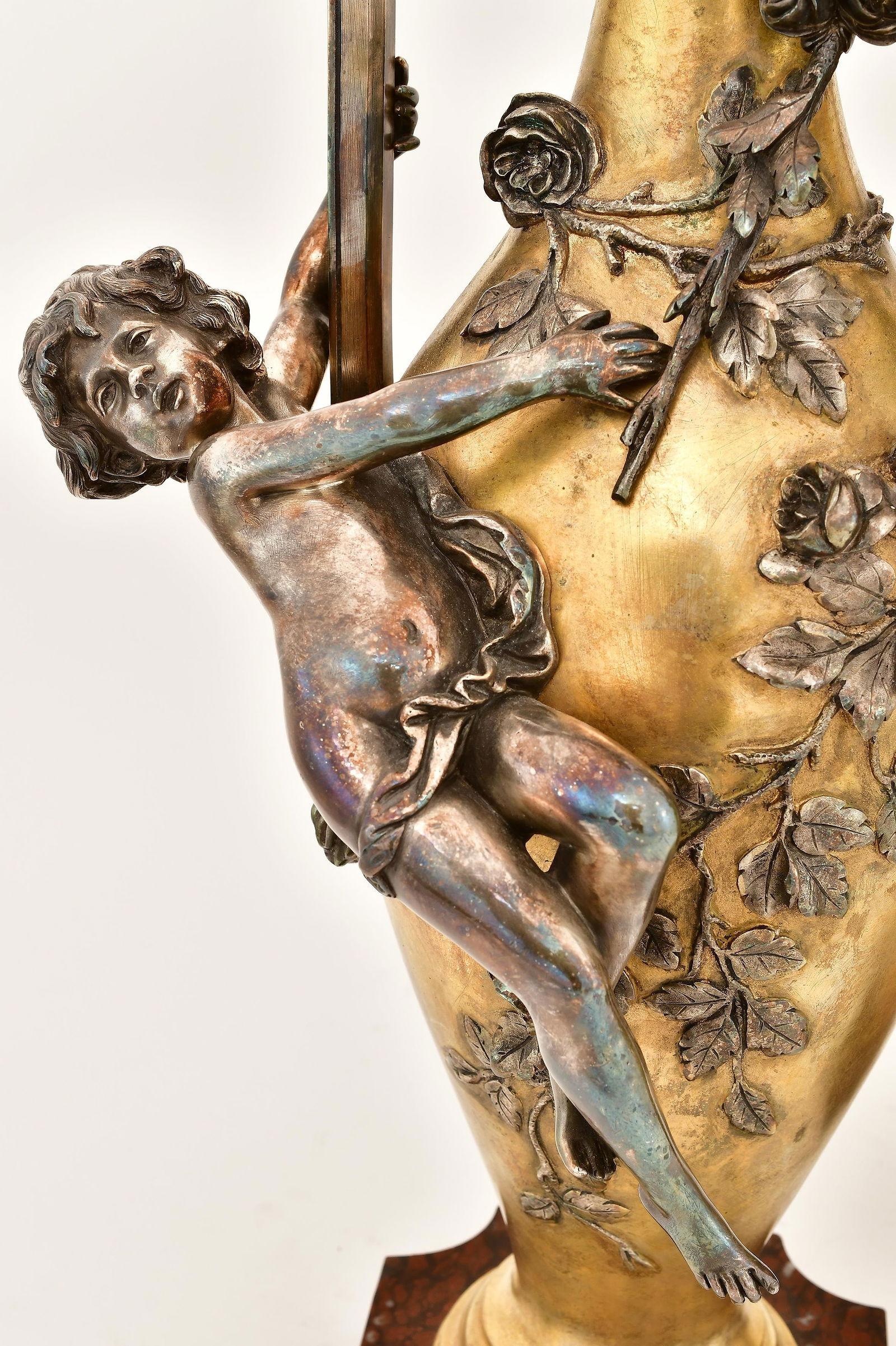 Pair Antique Art Nouveau Figurative Gilt Silvered Bronze Vases by Auguste Moreau In Good Condition For Sale In New York, NY