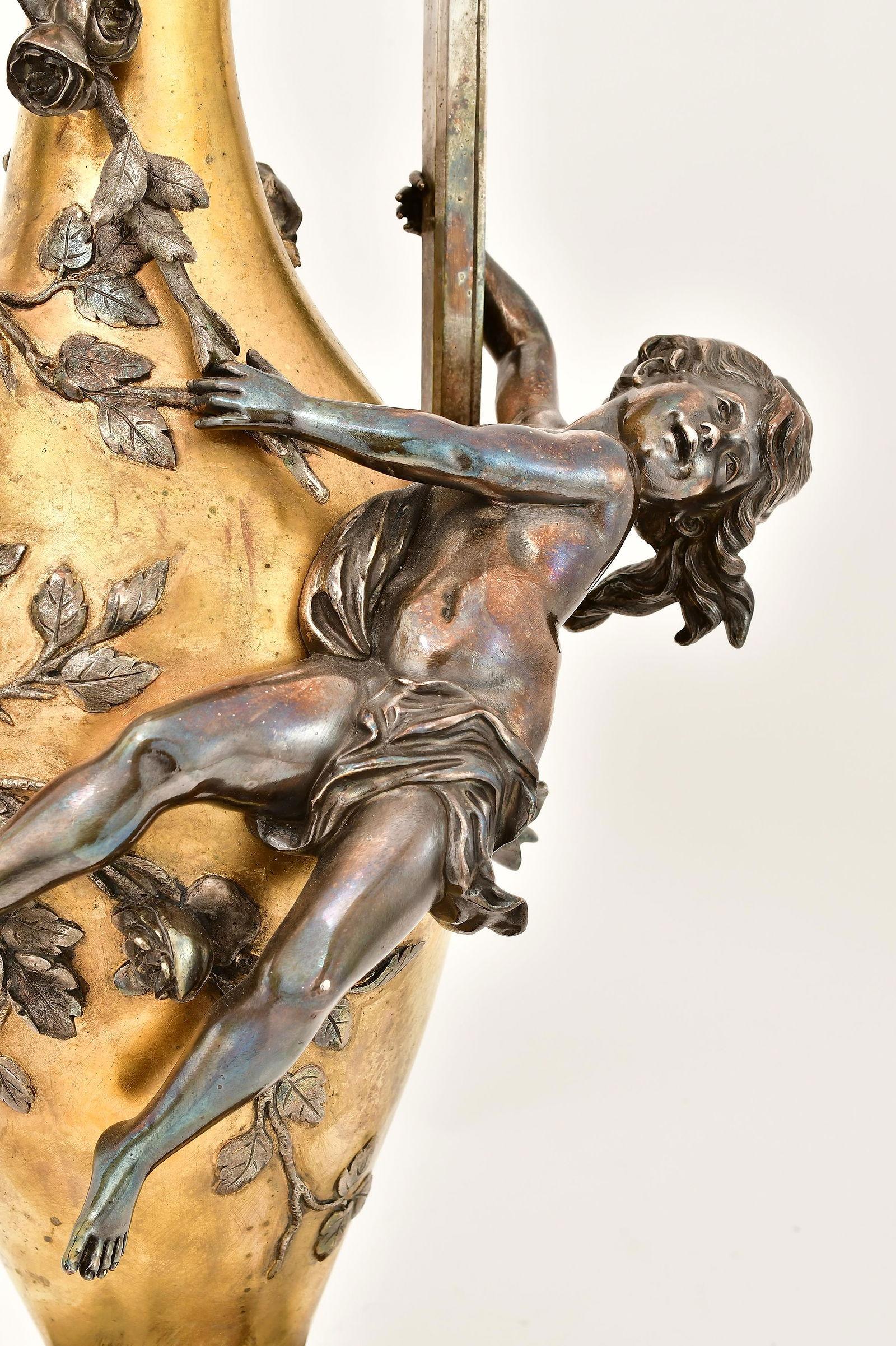 19th Century Pair Antique Art Nouveau Figurative Gilt Silvered Bronze Vases by Auguste Moreau For Sale