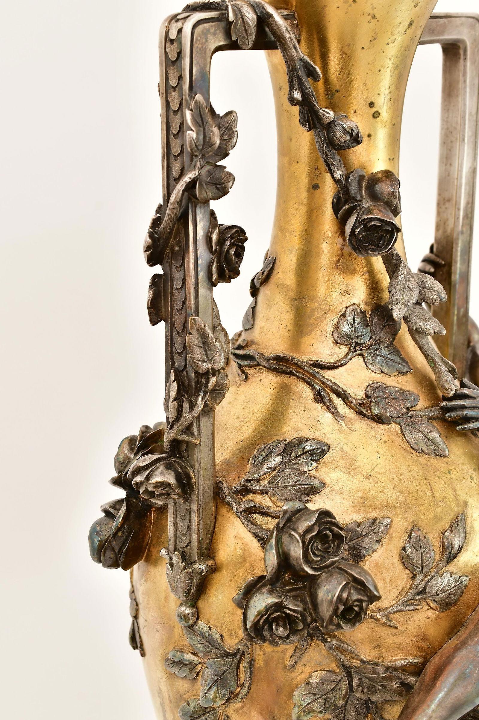 Pair Antique Art Nouveau Figurative Gilt Silvered Bronze Vases by Auguste Moreau For Sale 1