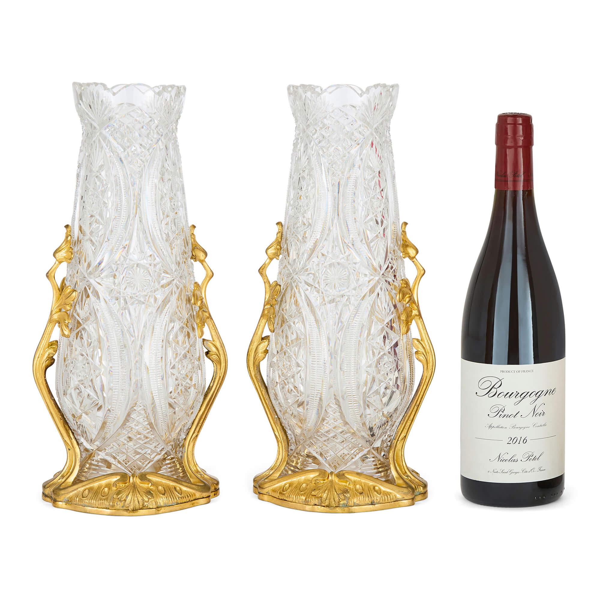 Par Antiguo Art Nouveau Francés Ormolu Oro Cristal Floreros Baccarat en venta 3