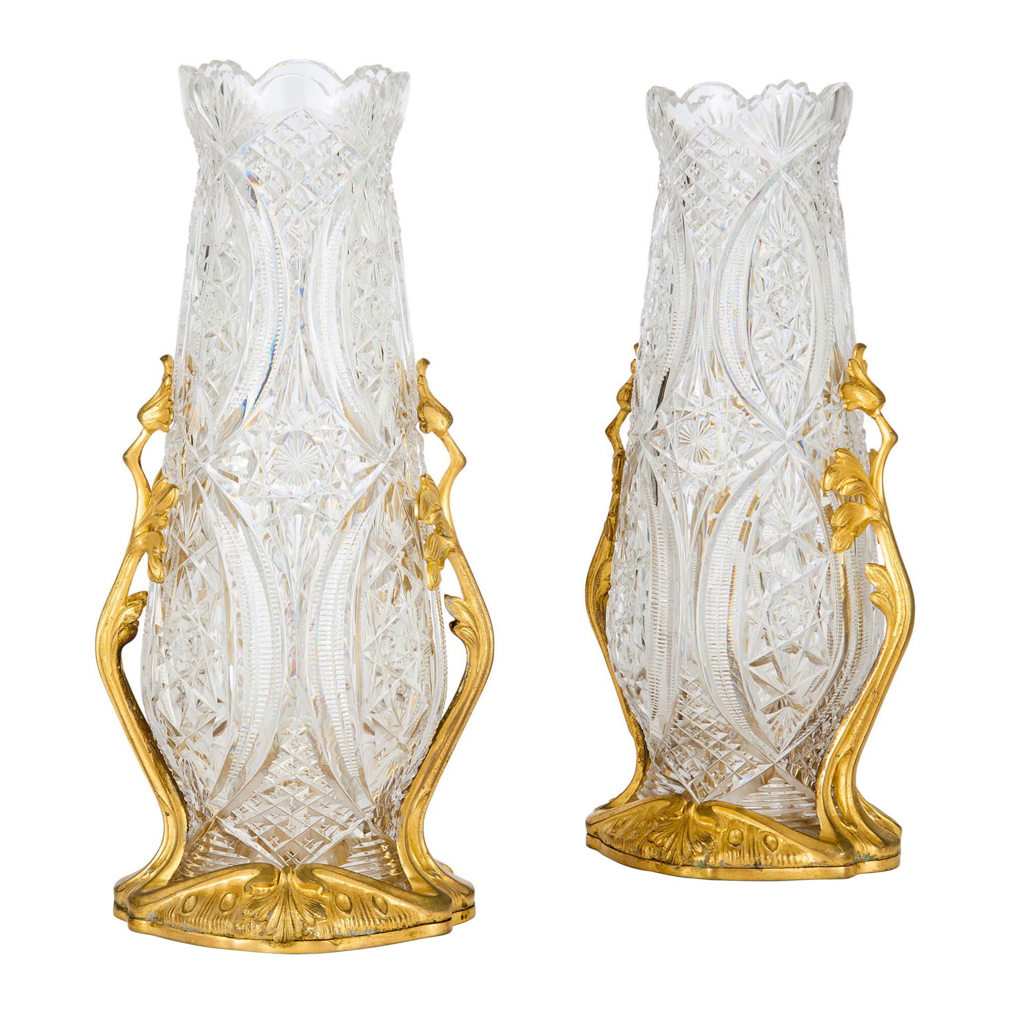 Pair Antique Art Nouveau French Gold Ormolu Crystal Glass Vases Baccarat