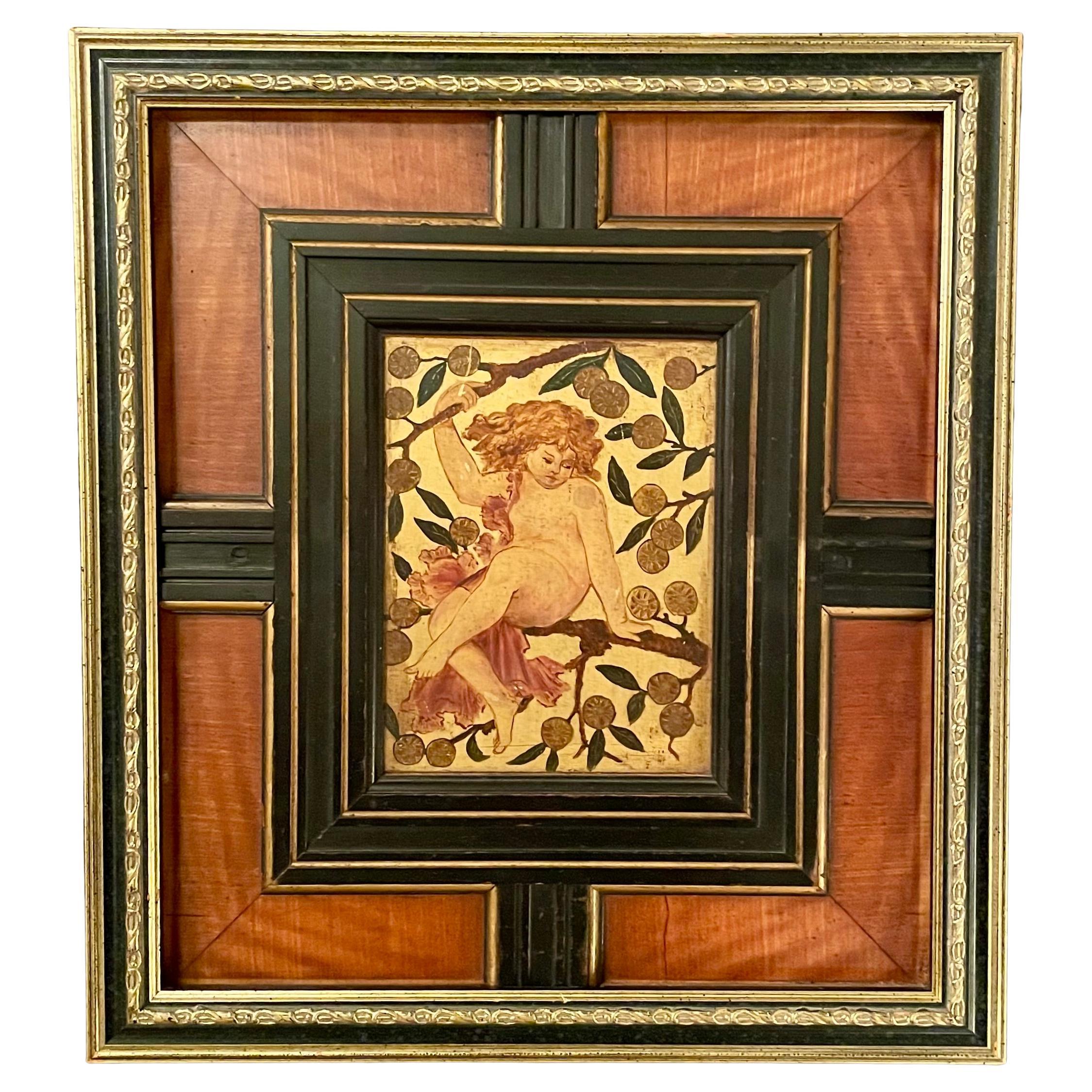 Pair Antique Art Nouveau Paintings Re-Framed in Satinwood and Ebony Panels, Circa 1900-1910's.