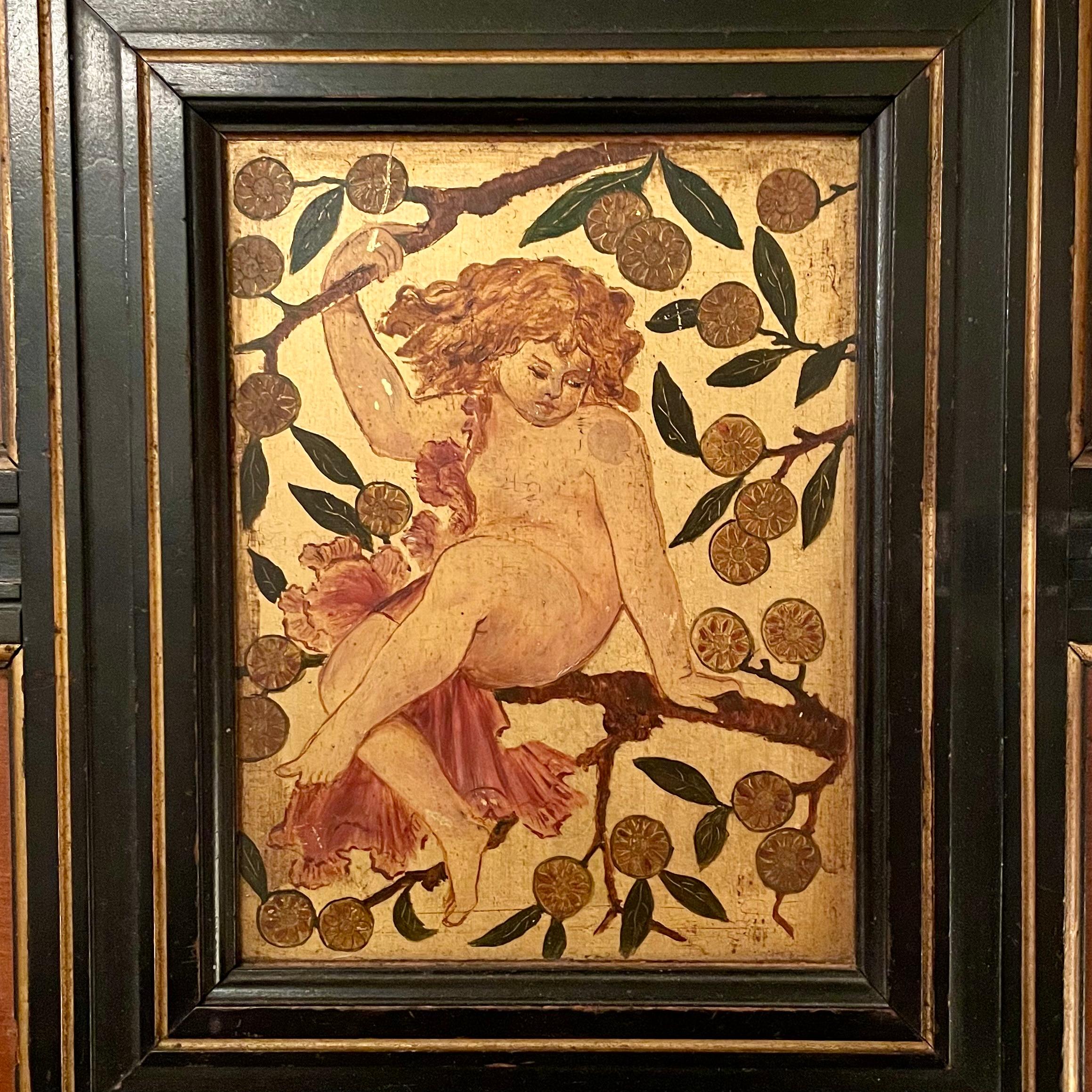 20th Century Pair Antique Art Nouveau Paintings Framed in Satinwood & Ebony Panels Circa 1900 For Sale