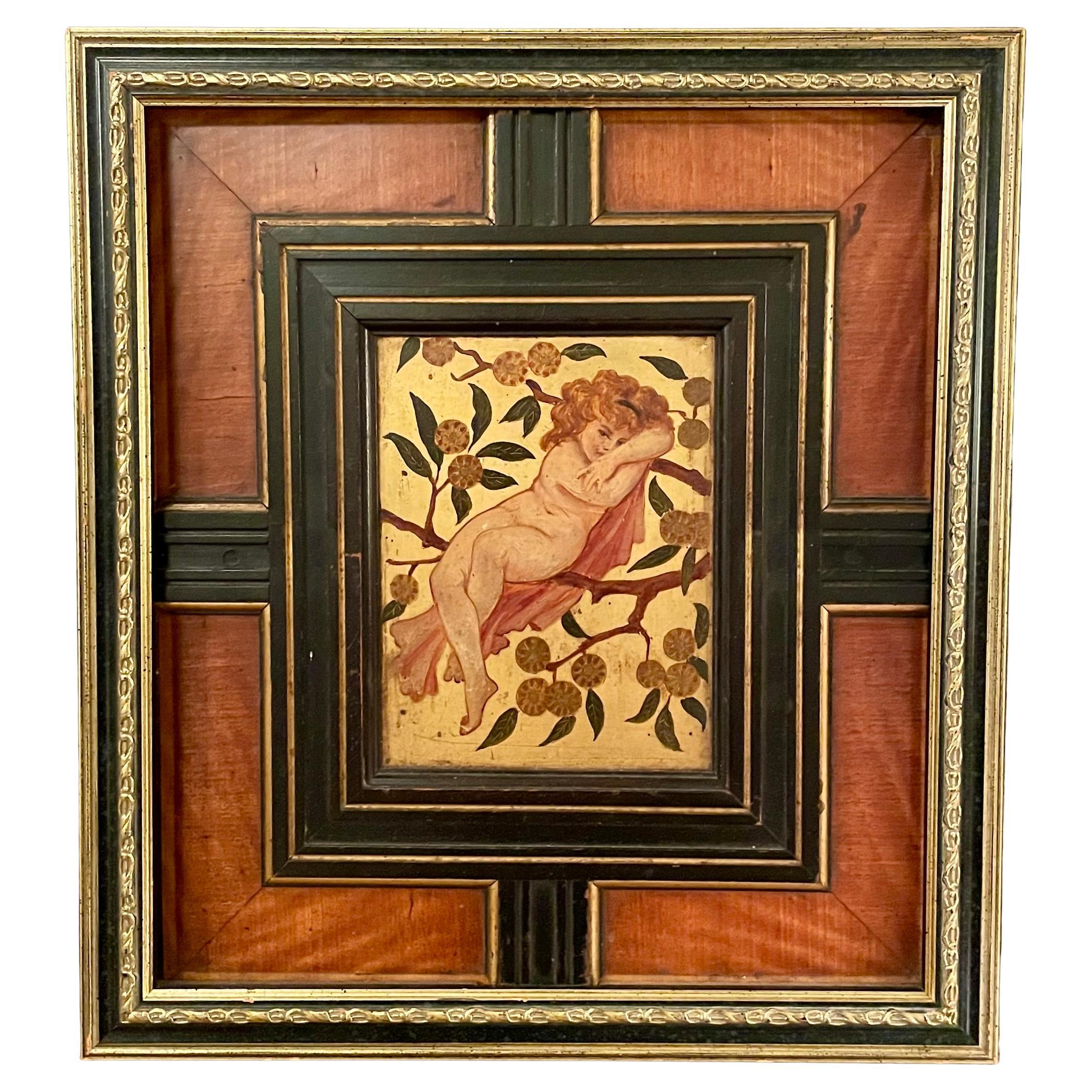 Pair Antique Art Nouveau Paintings Framed in Satinwood & Ebony Panels Circa 1900 For Sale 1