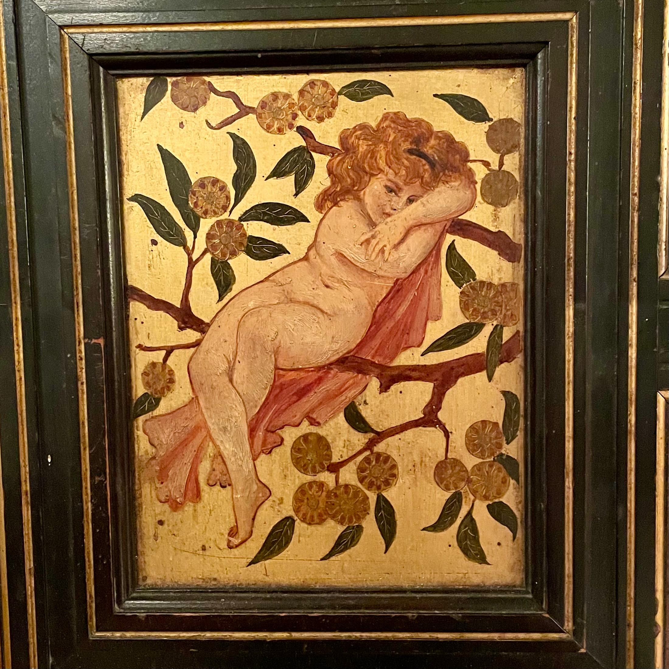 Pair Antique Art Nouveau Paintings Framed in Satinwood & Ebony Panels Circa 1900 For Sale 3