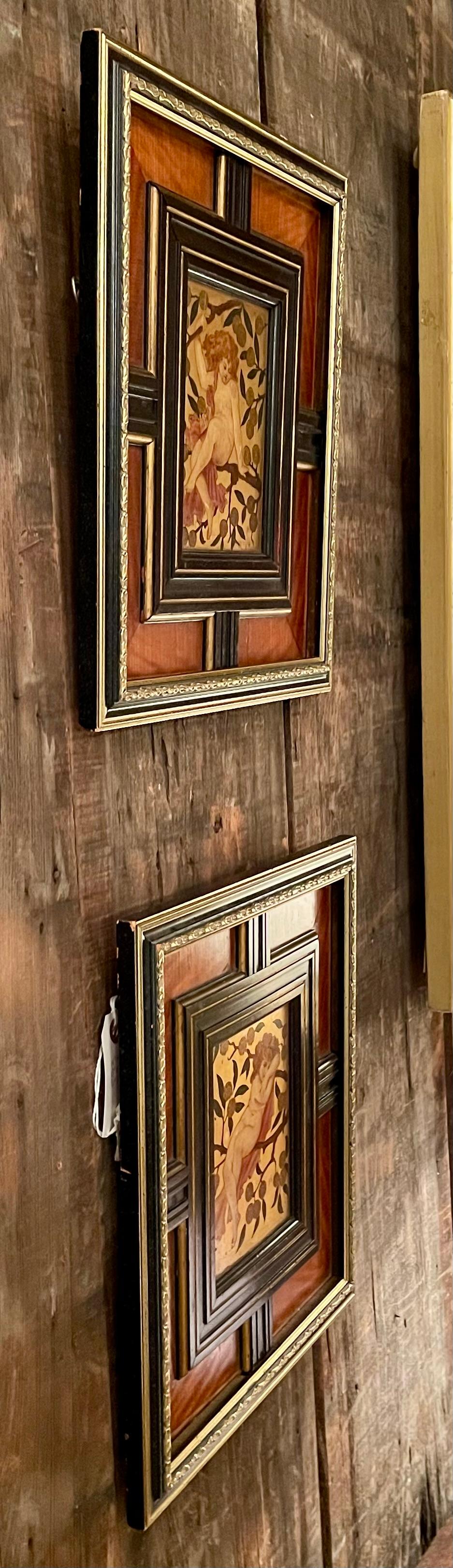 Pair Antique Art Nouveau Paintings Framed in Satinwood & Ebony Panels Circa 1900 For Sale 4