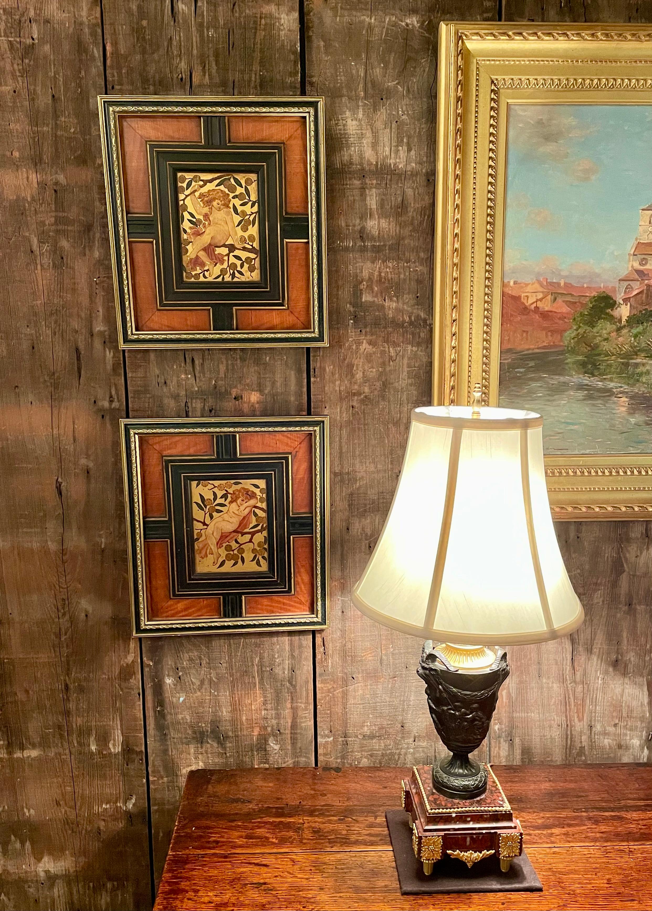 Pair Antique Art Nouveau Paintings Framed in Satinwood & Ebony Panels Circa 1900 For Sale 5