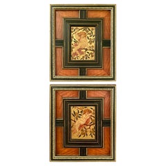 Coppia di dipinti antichi in stile Art Nouveau con cornice in legno di raso e pannelli in ebano Circa 1900