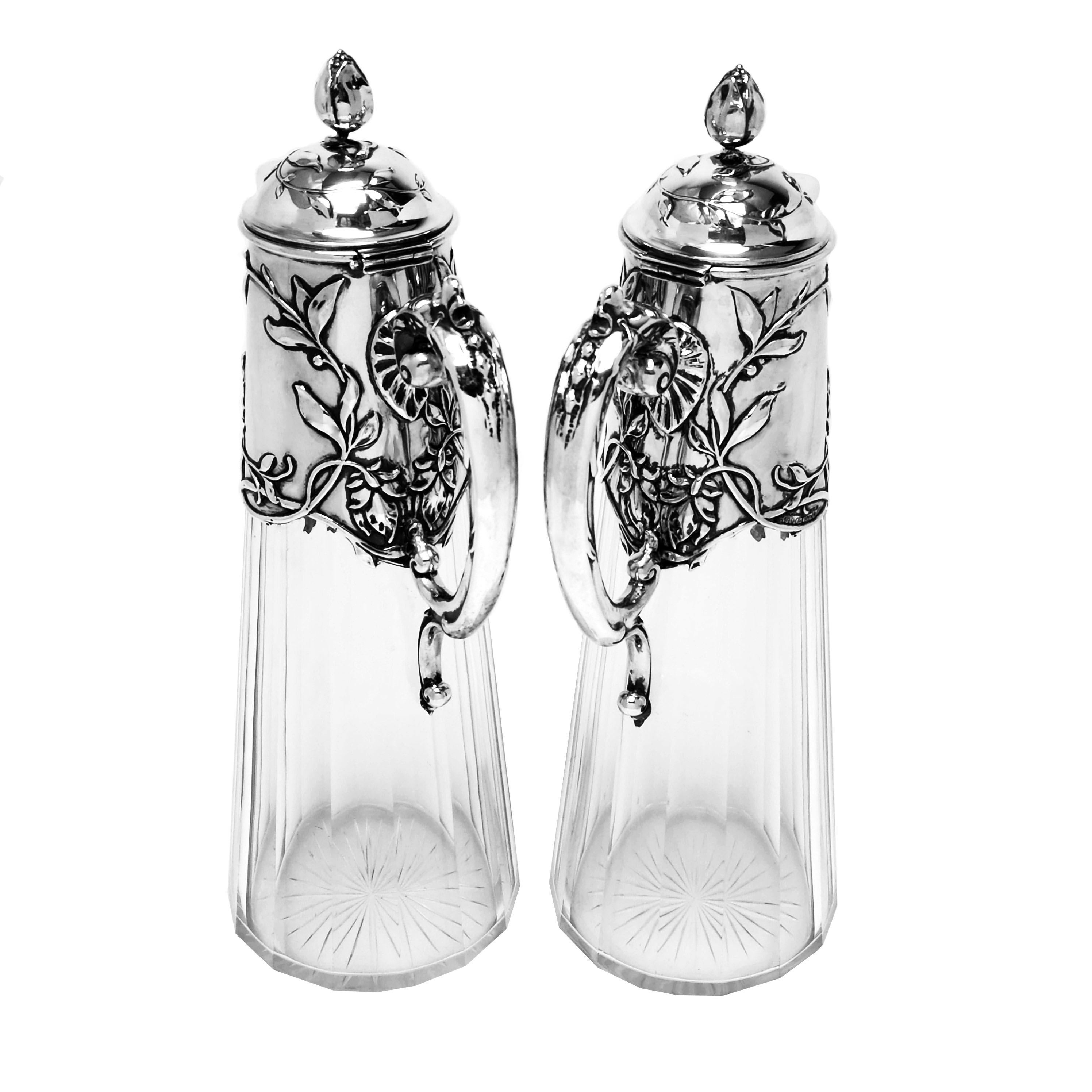 Pair Antique Art Nouveau Silver & Glass Claret Jugs circa 1900 German Jugendstil In Good Condition In London, GB