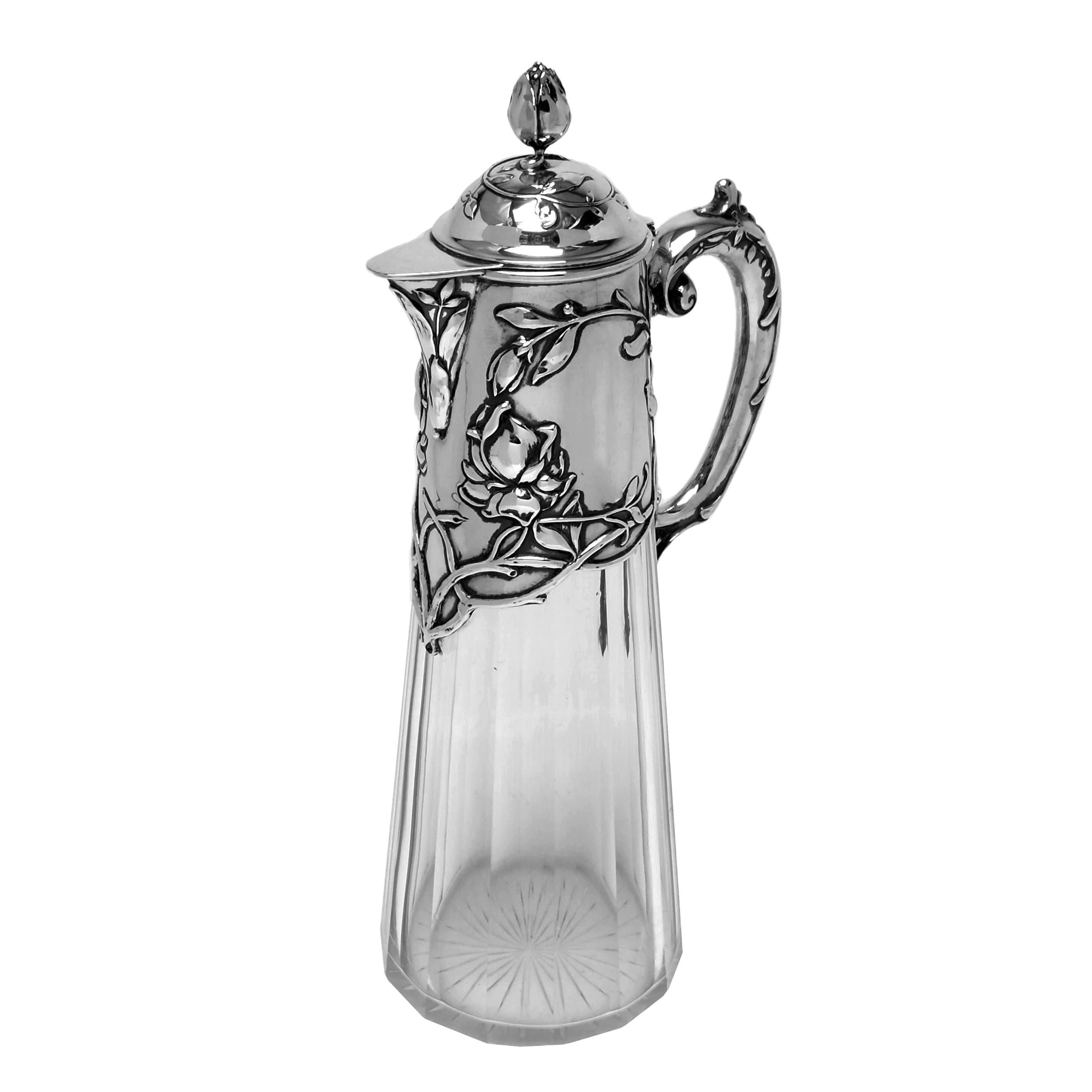 20th Century Pair Antique Art Nouveau Silver & Glass Claret Jugs circa 1900 German Jugendstil