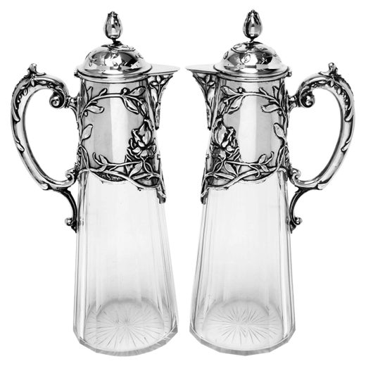 Pair Antique Art Nouveau Silver & Glass Claret Jugs c. 1900 German Jugendstil