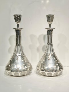 Pair Antique Art Nouveau Silver Overlaid Glass Wine Decanters