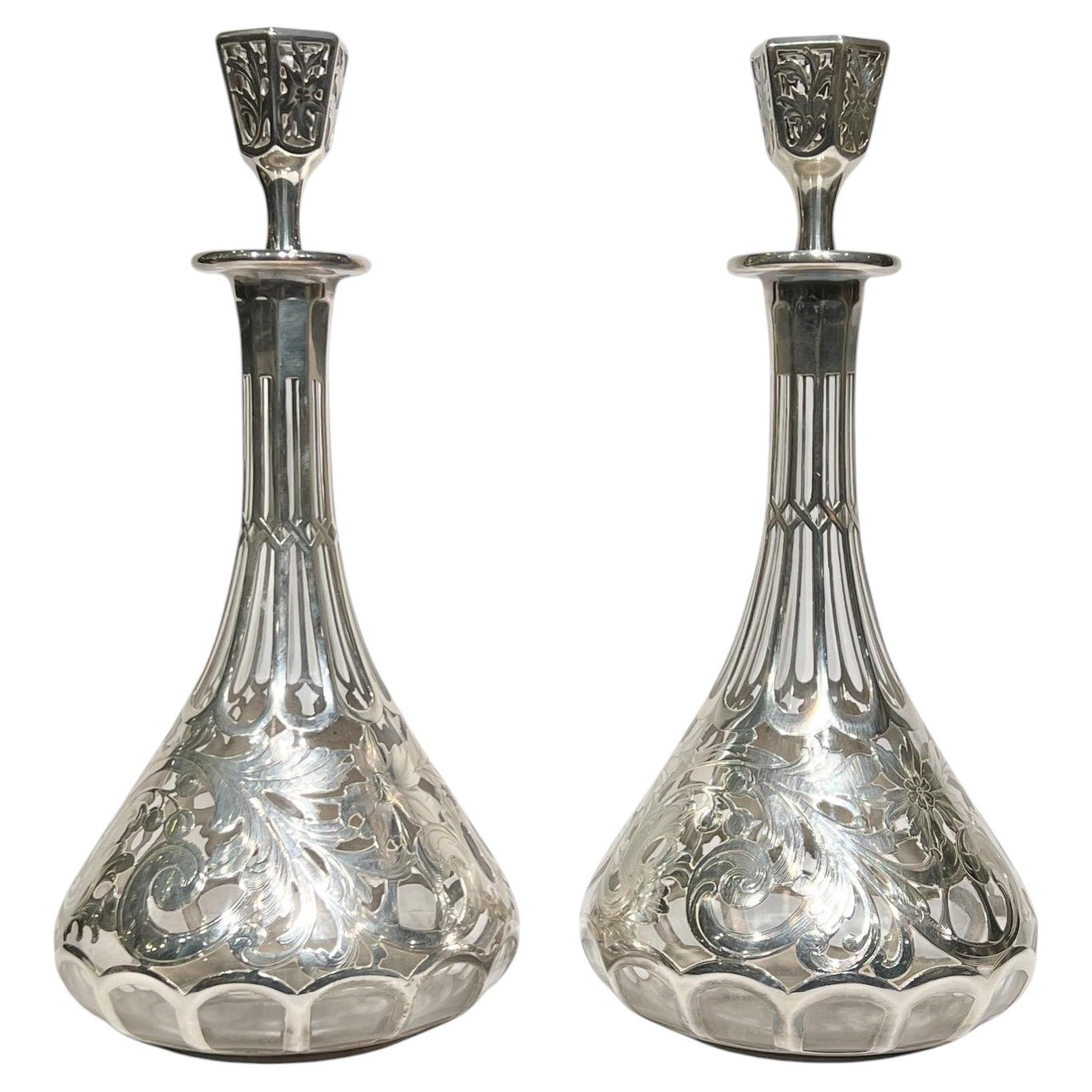 Pair Antique Art Nouveau Silver Overlaid Glass Wine Decanters