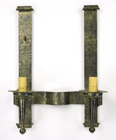 Pair Antique Arts & Crafts 2 Arm Black Steel Wall Sconces
