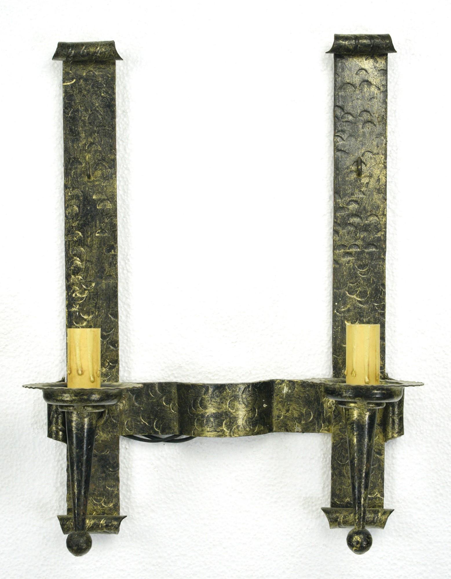 Arts and Crafts Pair Antique Arts & Crafts 2 Arm Black Steel Wall Sconces For Sale