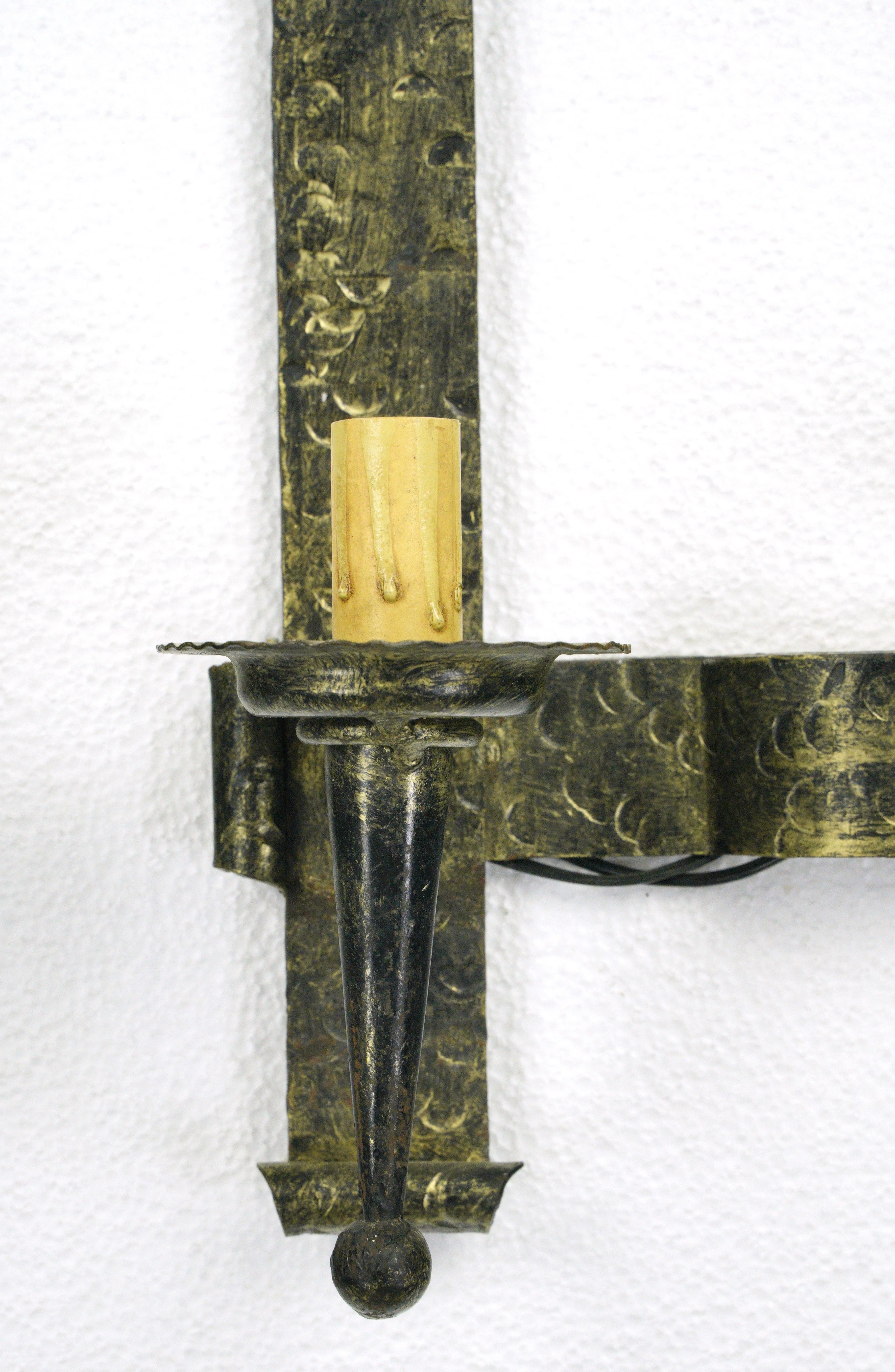 Pair Antique Arts & Crafts 2 Arm Black Steel Wall Sconces In Good Condition For Sale In New York, NY