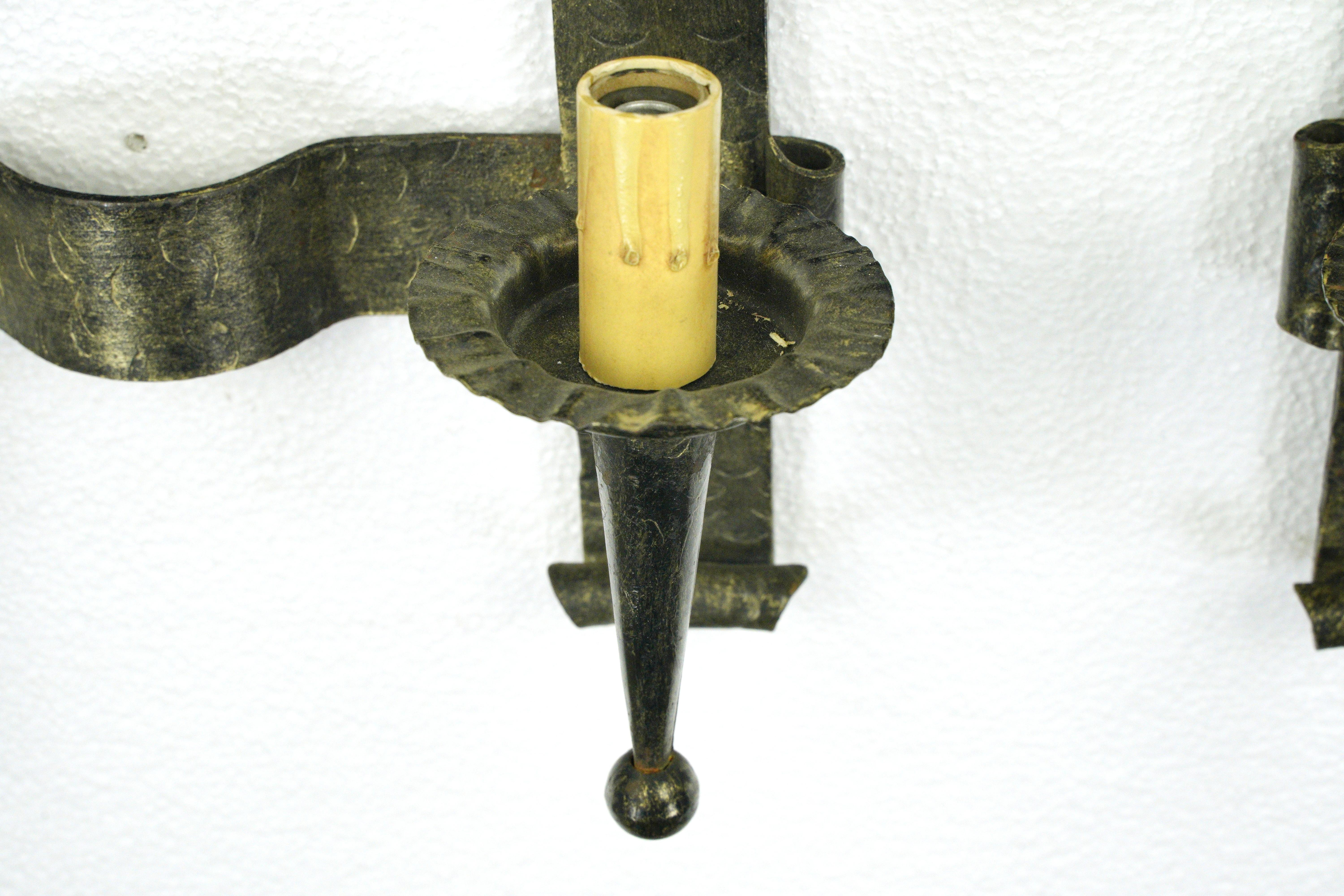 20th Century Pair Antique Arts & Crafts 2 Arm Black Steel Wall Sconces For Sale