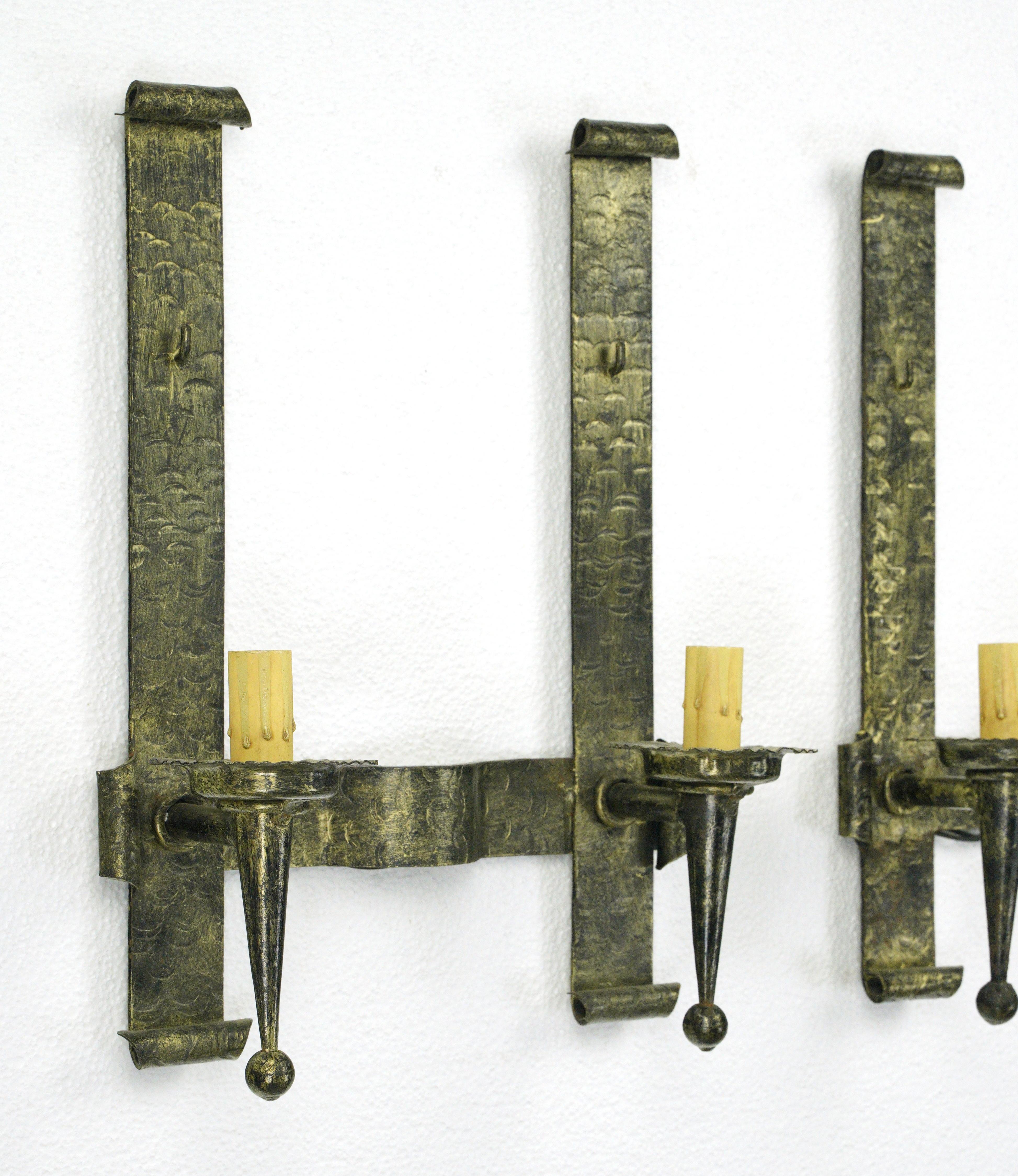 Pair Antique Arts & Crafts 2 Arm Black Steel Wall Sconces For Sale 1