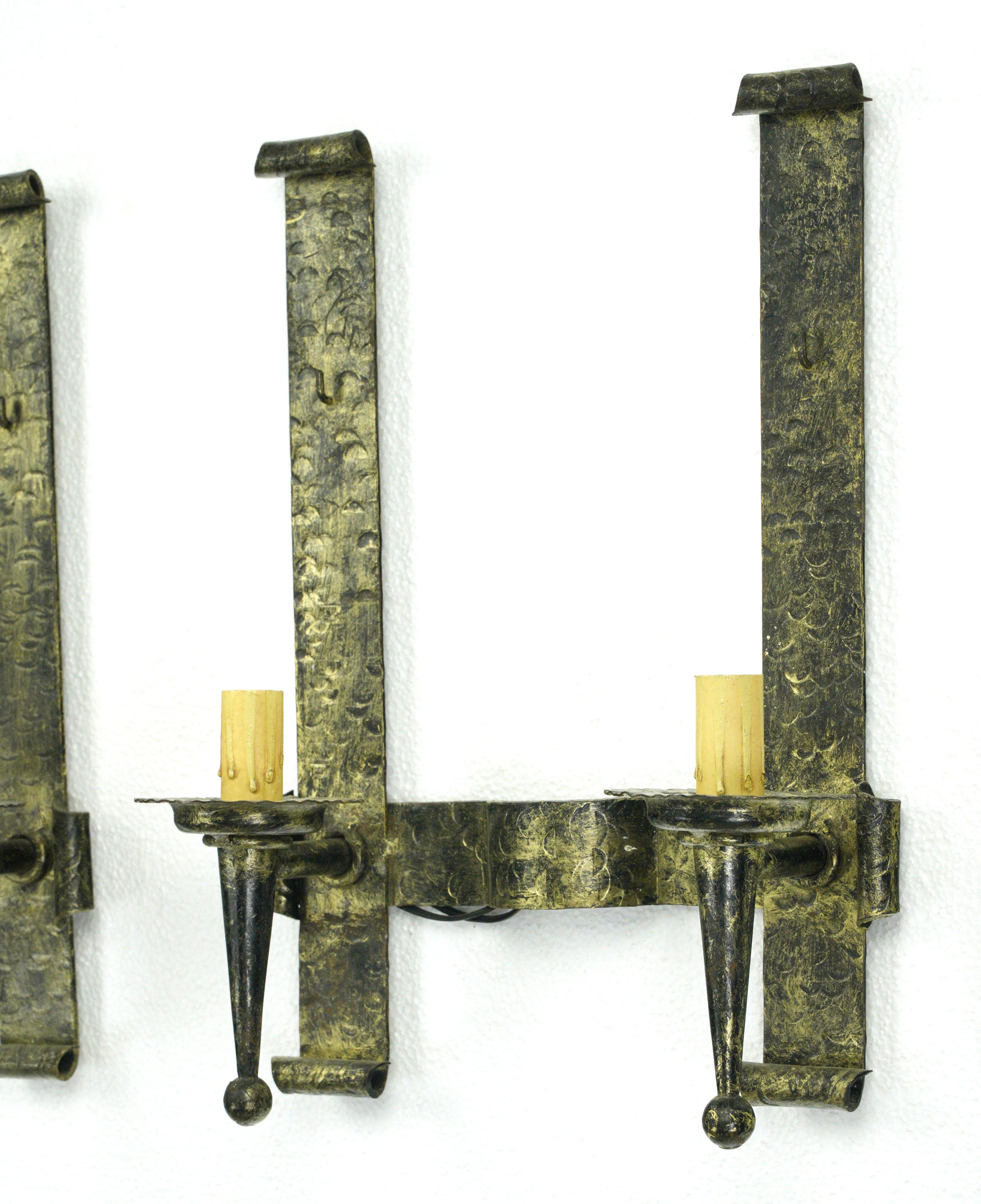 Pair Antique Arts & Crafts 2 Arm Black Steel Wall Sconces For Sale 2