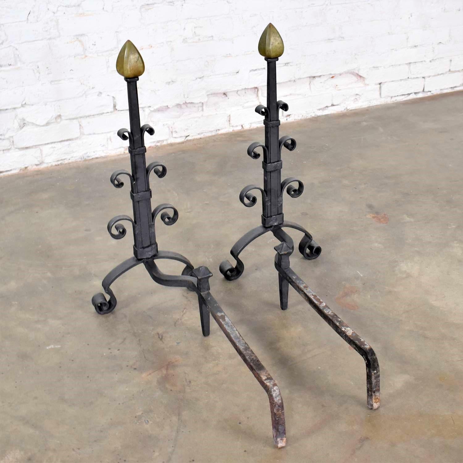 Pair of Antique Arts & Crafts Art Deco Hand Wrought Iron and Bronze Andirons 6