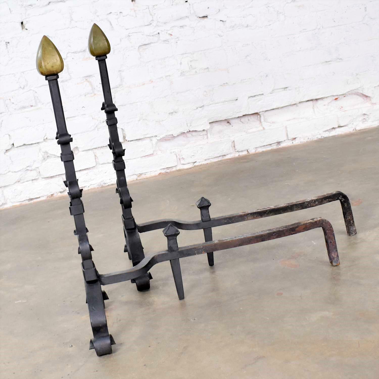 Pair of Antique Arts & Crafts Art Deco Hand Wrought Iron and Bronze Andirons 7