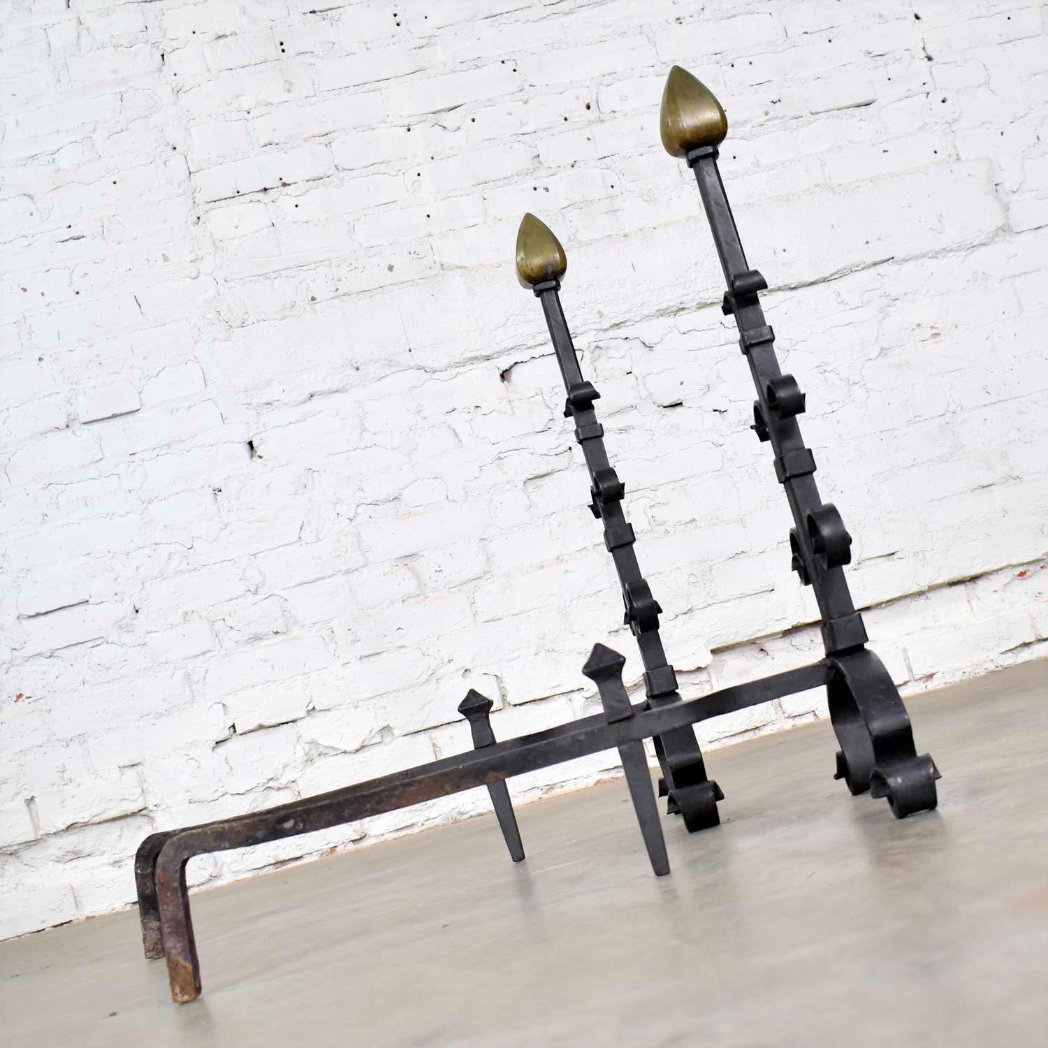 Pair of Antique Arts & Crafts Art Deco Hand Wrought Iron and Bronze Andirons 8