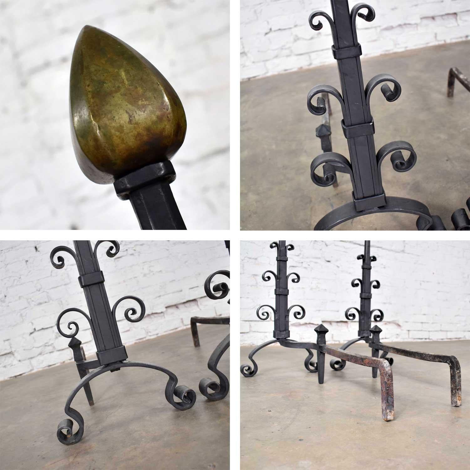 Pair of Antique Arts & Crafts Art Deco Hand Wrought Iron and Bronze Andirons 9