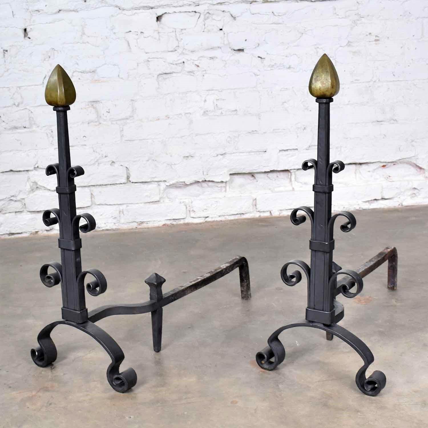 Pair of Antique Arts & Crafts Art Deco Hand Wrought Iron and Bronze Andirons In Good Condition In Topeka, KS