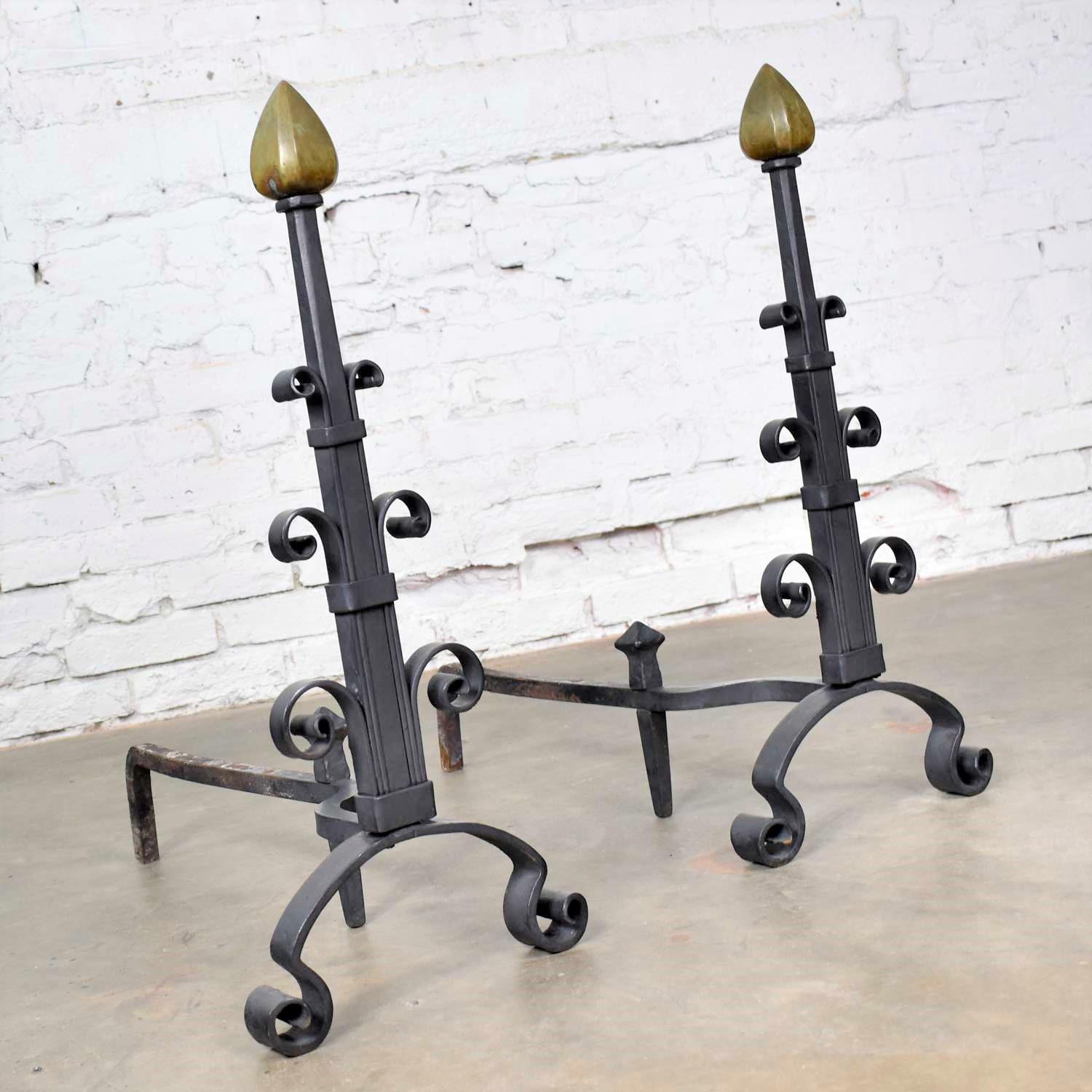 20th Century Pair of Antique Arts & Crafts Art Deco Hand Wrought Iron and Bronze Andirons