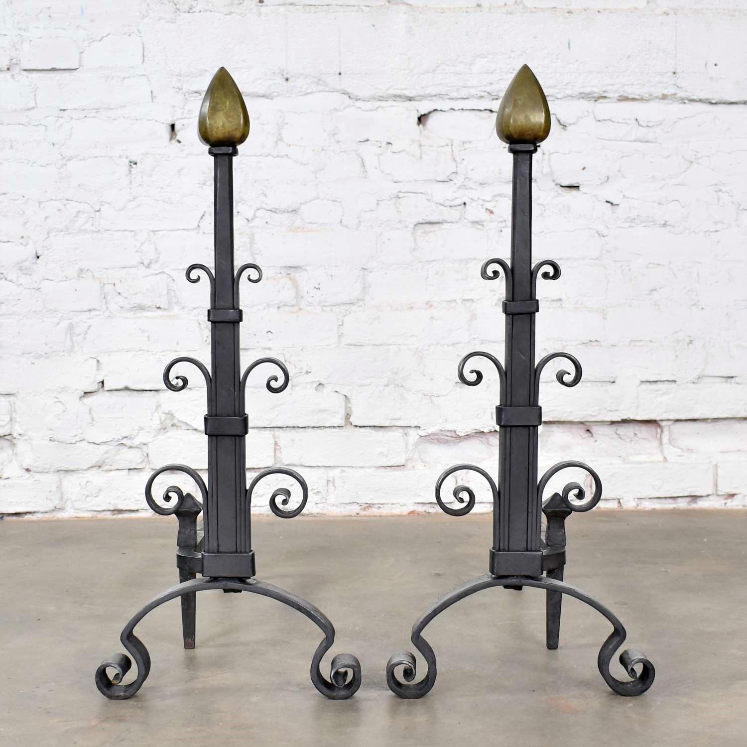 Pair of Antique Arts & Crafts Art Deco Hand Wrought Iron and Bronze Andirons 1