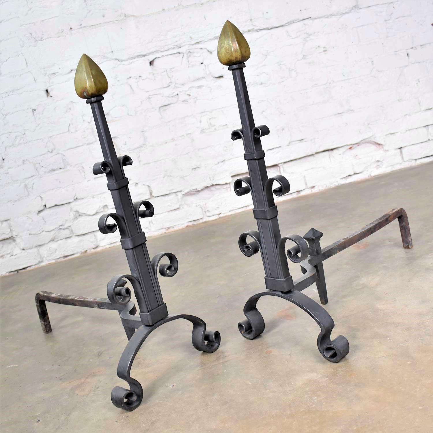 Pair of Antique Arts & Crafts Art Deco Hand Wrought Iron and Bronze Andirons 2