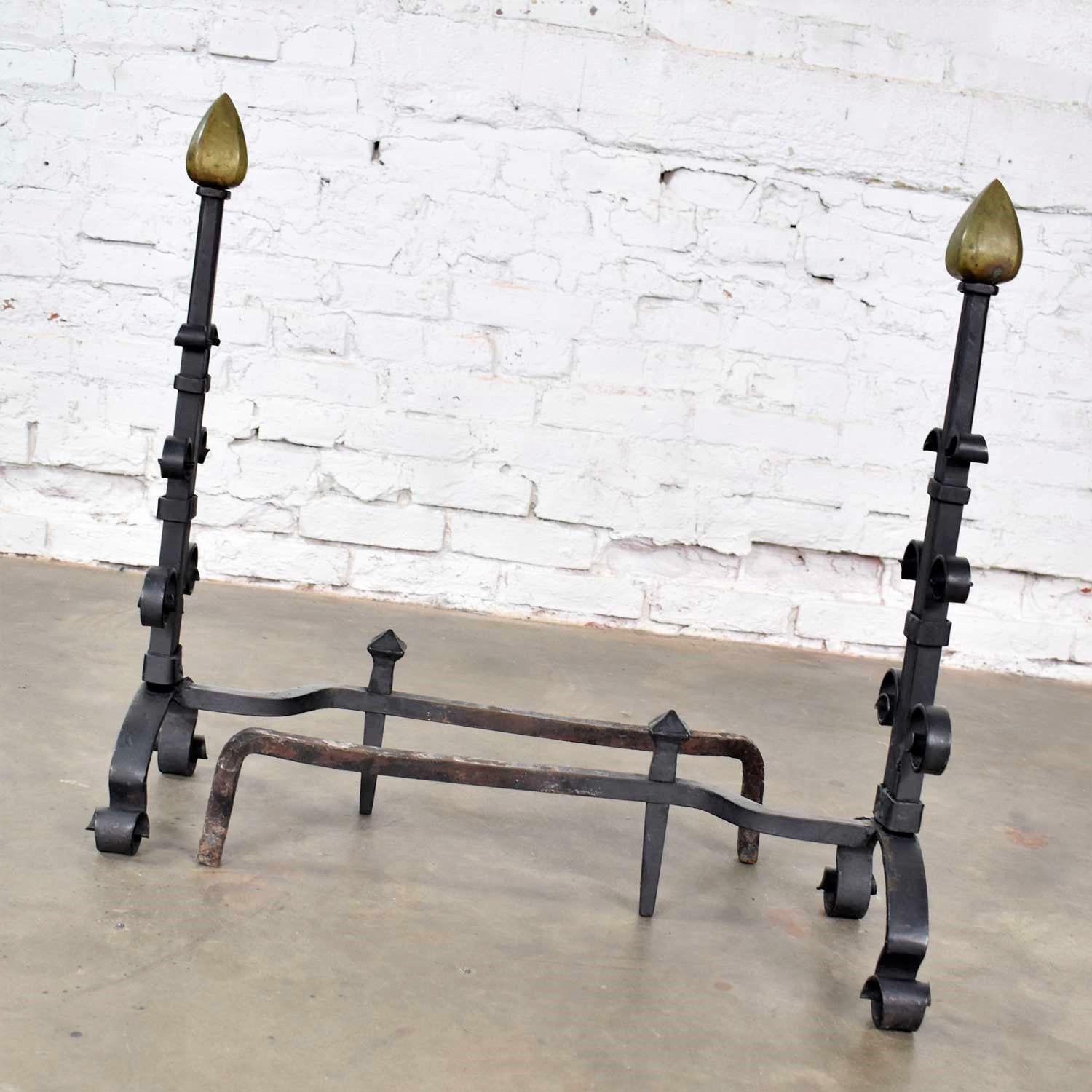 Pair of Antique Arts & Crafts Art Deco Hand Wrought Iron and Bronze Andirons 3