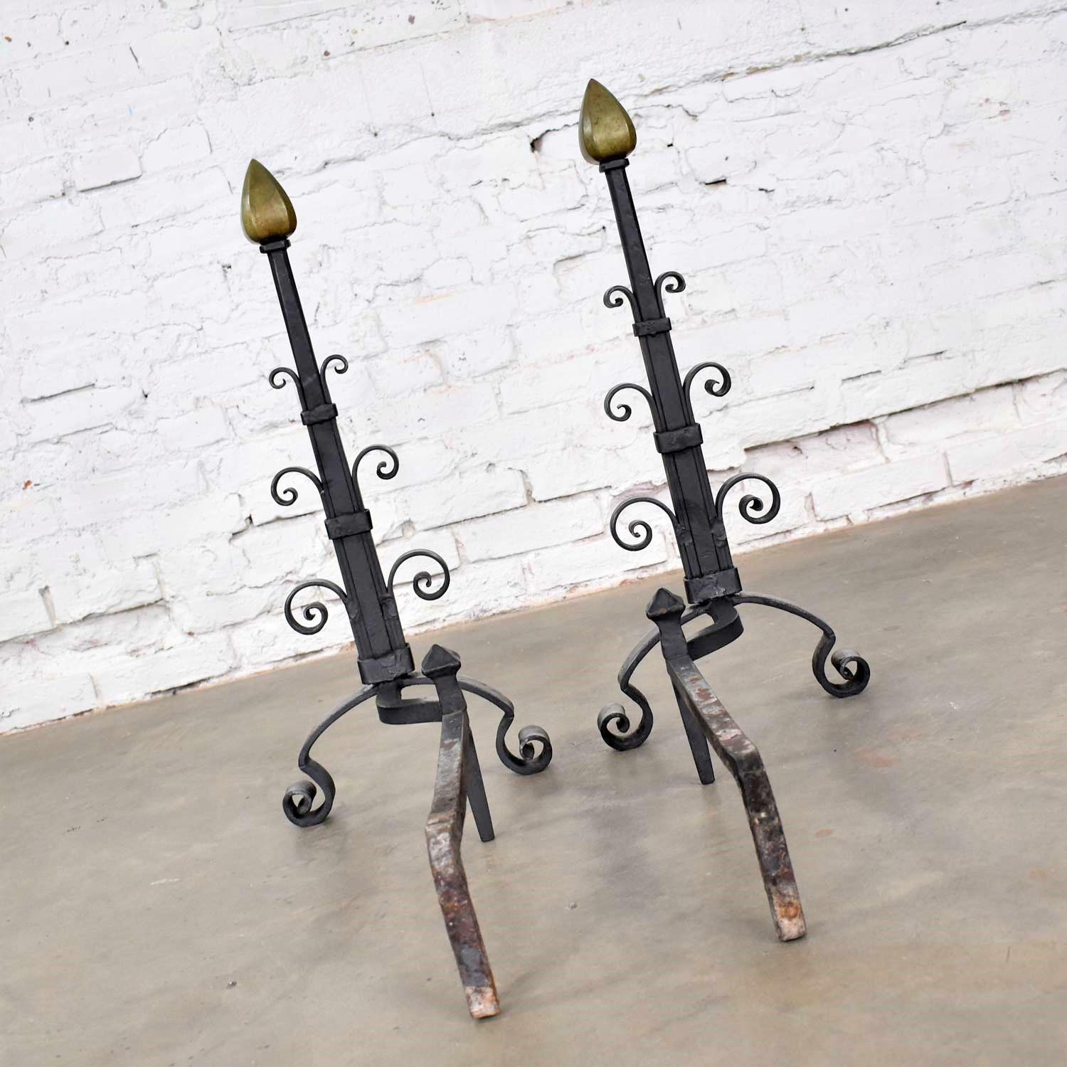 Pair of Antique Arts & Crafts Art Deco Hand Wrought Iron and Bronze Andirons 5