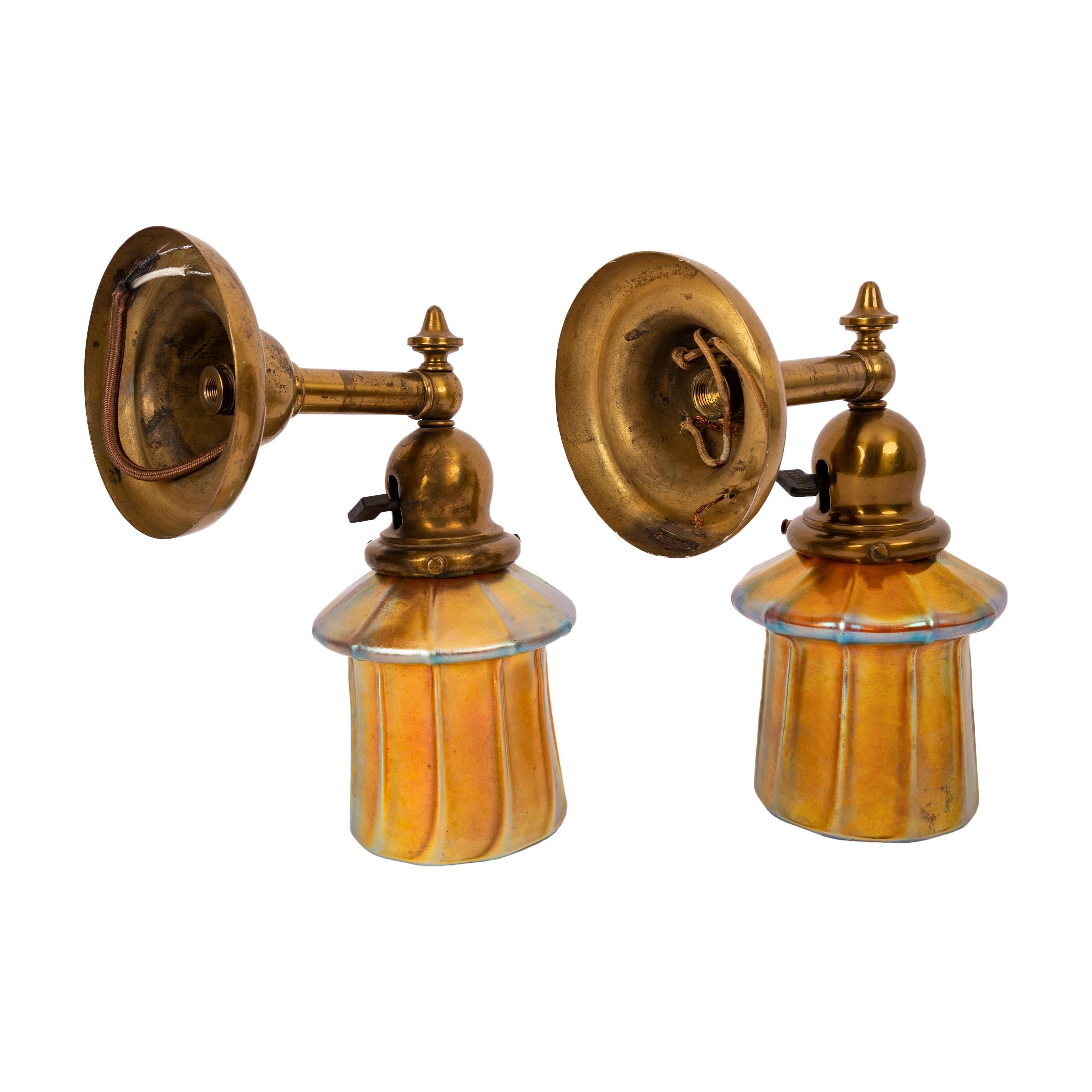 American Pair Antique Arts & Crafts Mission Brass Gold Aurene Steuben Glass Wall Sconces