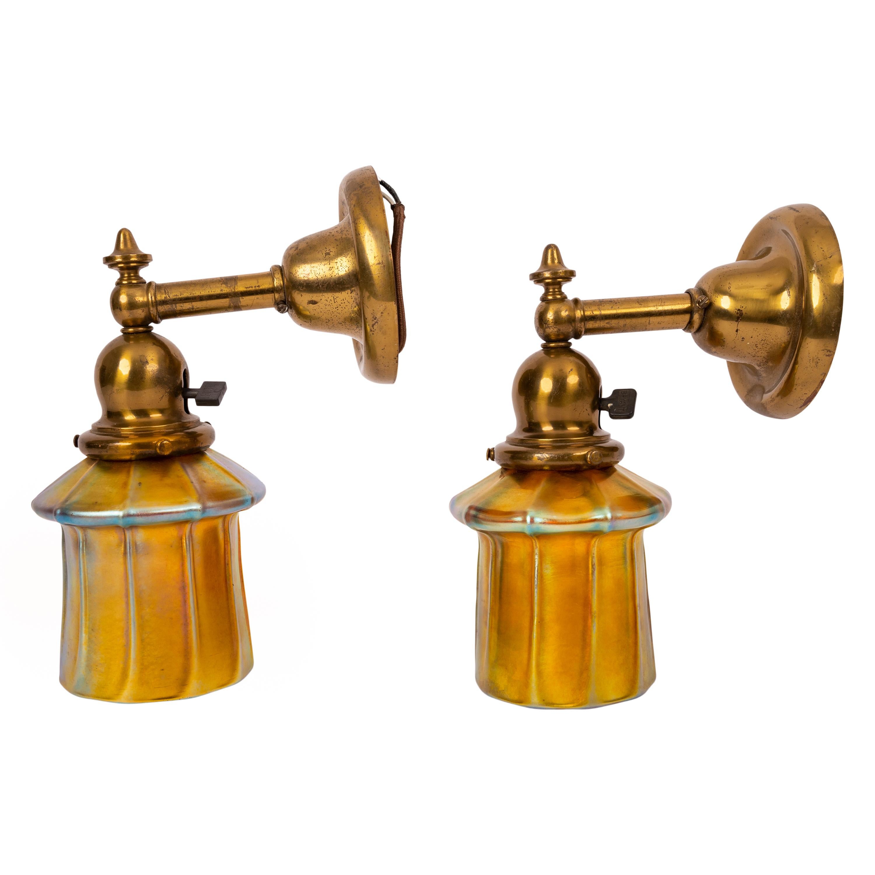 Early 20th Century Pair Antique Arts & Crafts Mission Brass Gold Aurene Steuben Glass Wall Sconces