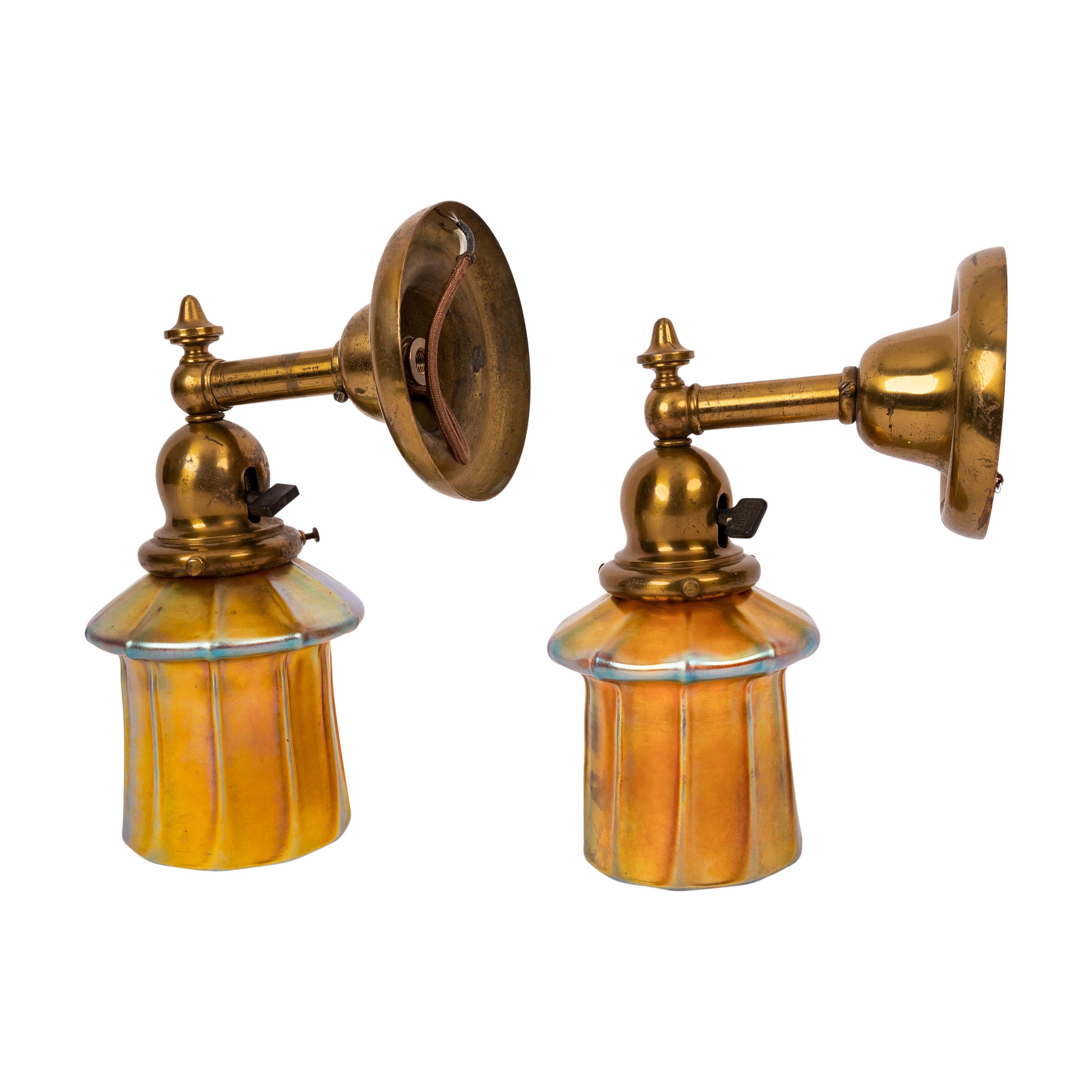 Pair Antique Arts & Crafts Mission Brass Gold Aurene Steuben Glass Wall Sconces 1